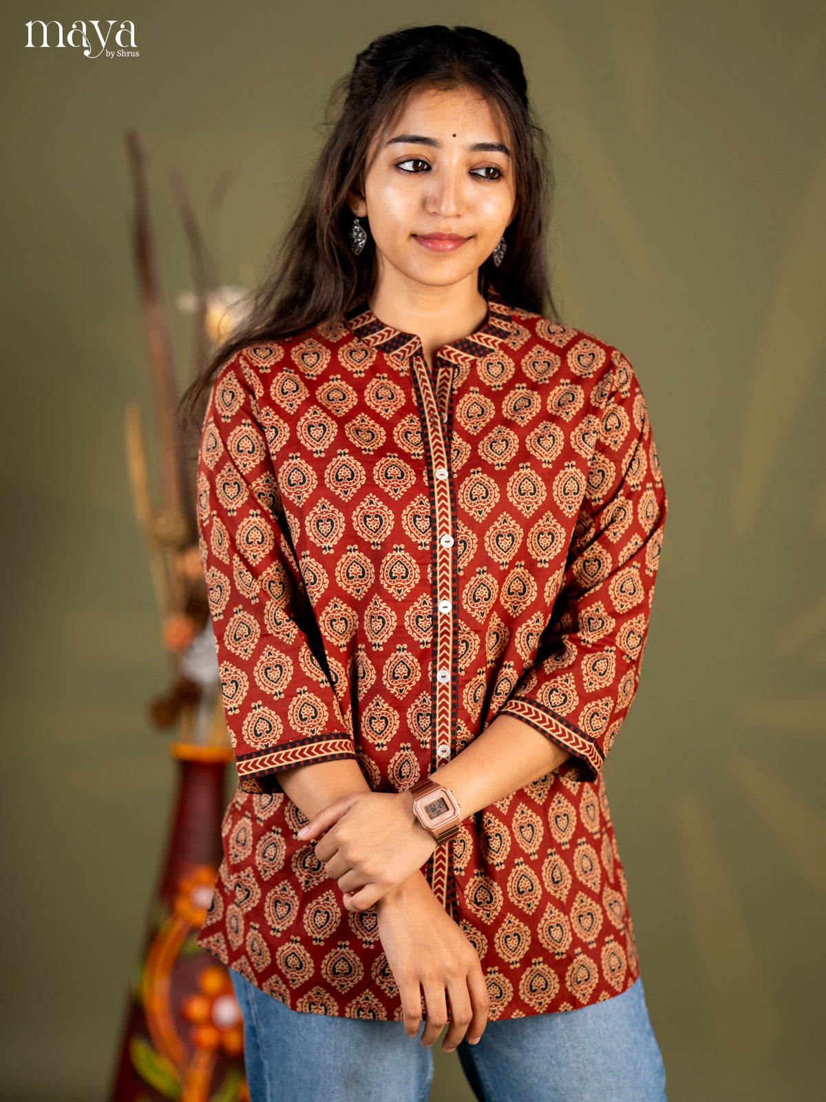 Brown Ajrakh Printed Cotton Straight Short Kurta - Shop on Shrus.com