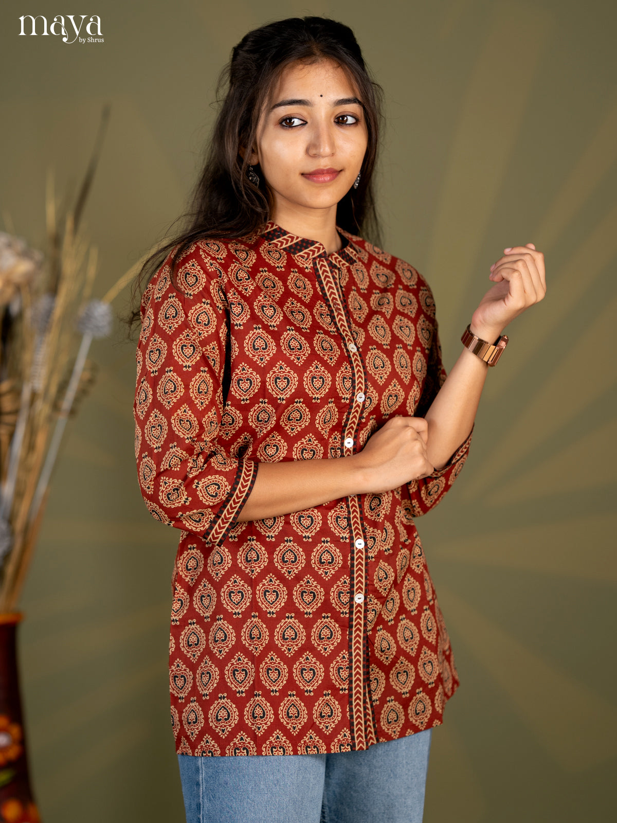 Brown Ajrakh Printed Cotton Straight Short Kurta - Shop on Shrus.com