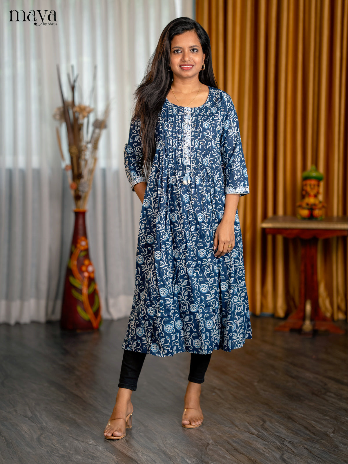 Indigo Blue Floral Printed Cotton Anarkali Kurti - Shop on Shrus.com