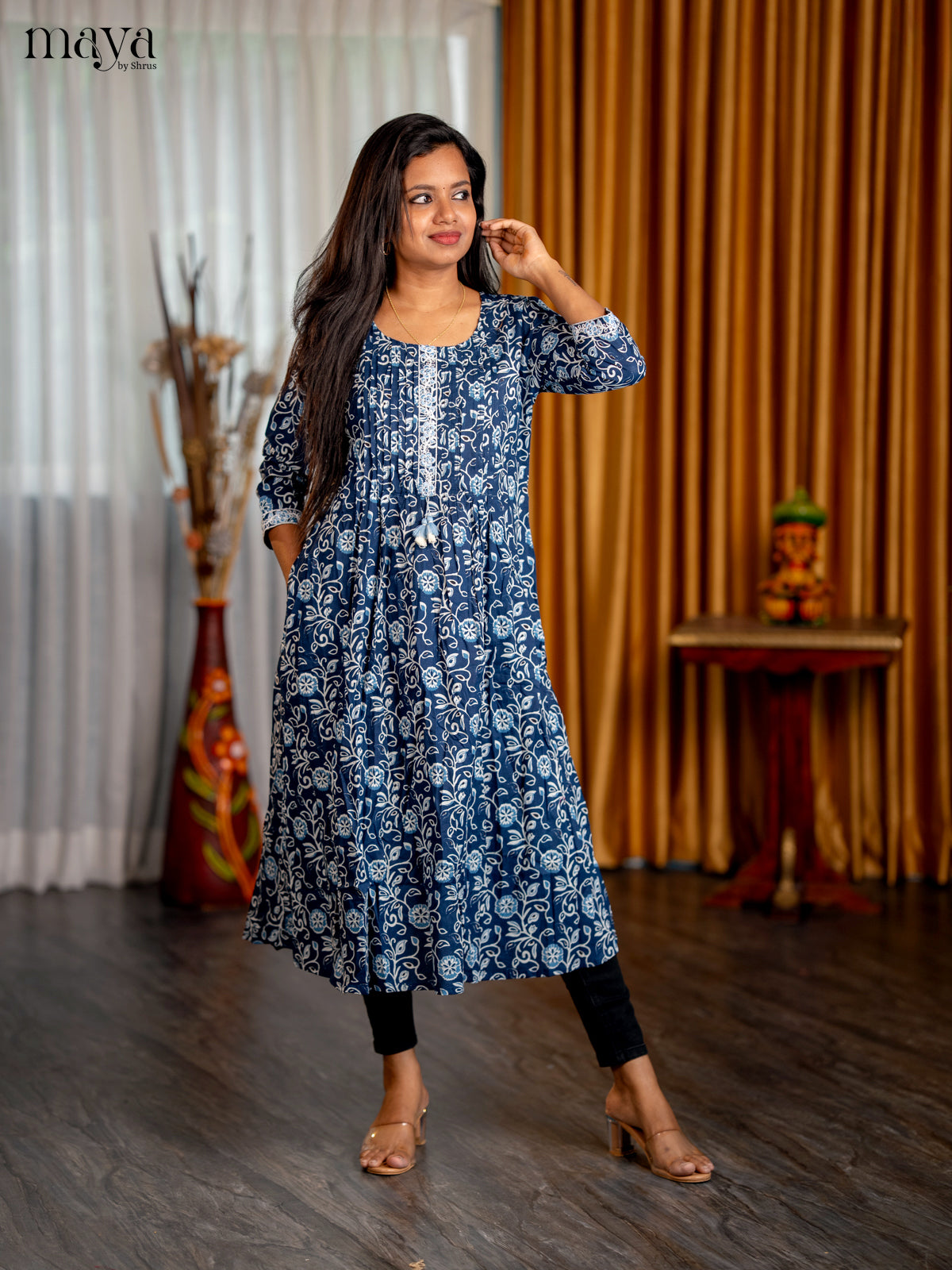 Indigo Blue Floral Printed Cotton Anarkali Kurti - Shop on Shrus.com