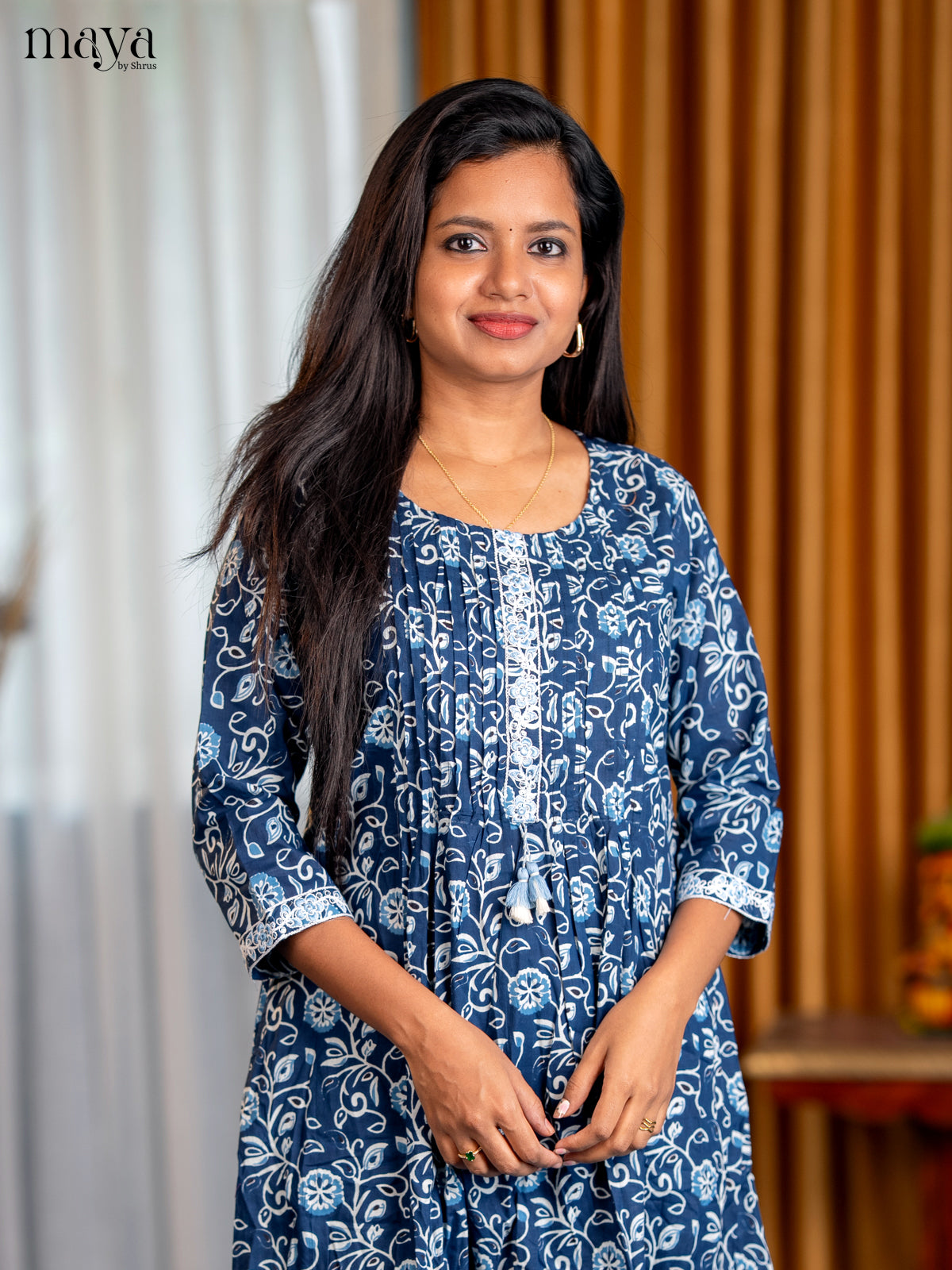 Indigo Blue Floral Printed Cotton Anarkali Kurti - Shop on Shrus.com