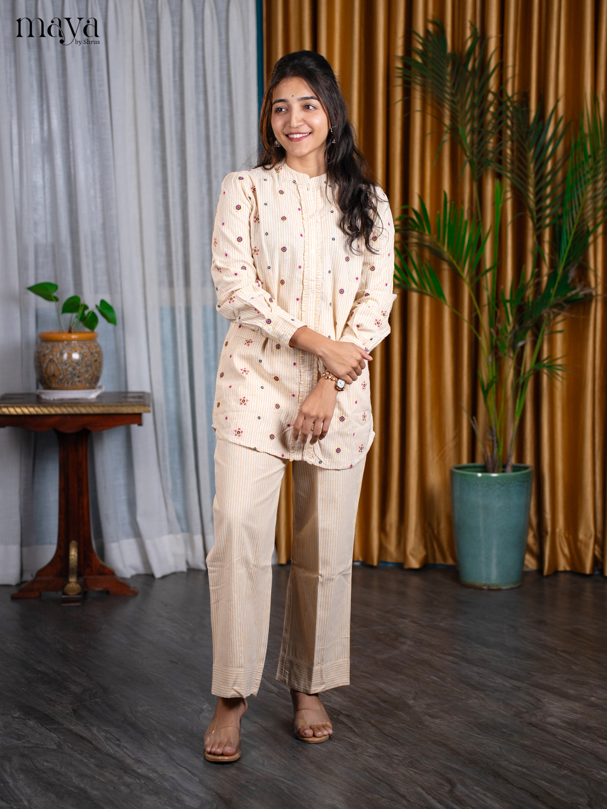 Cream Cotton 2pc Embroidered Salwar Suit - Top & Bottom - Shop on Shrus.com