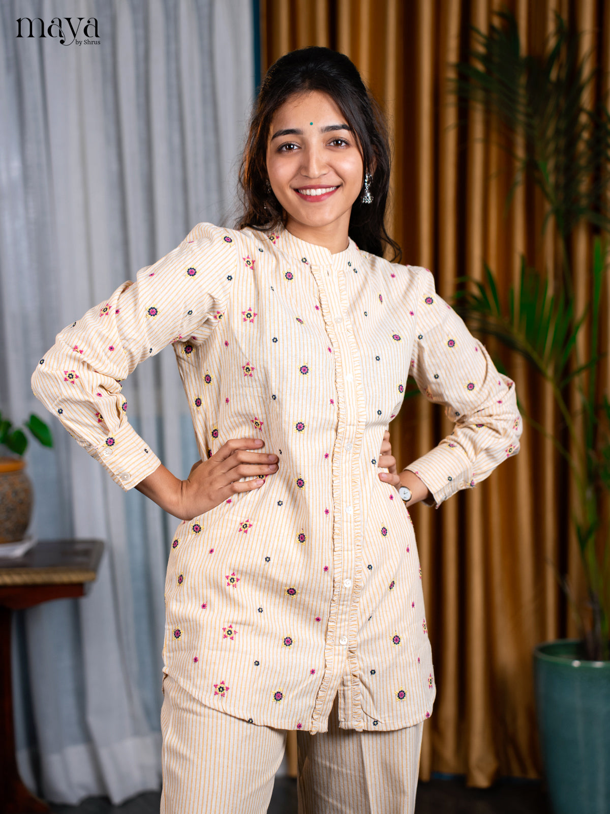 Cream Cotton 2pc Embroidered Salwar Suit - Top & Bottom - Shop on Shrus.com