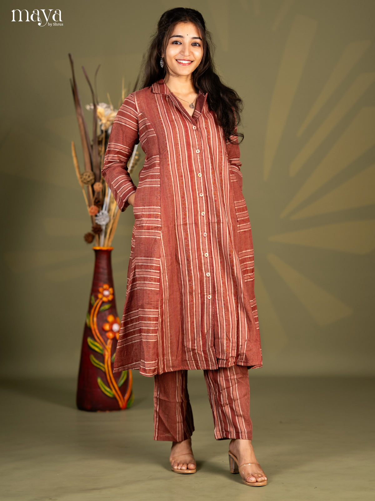 Brown Cotton 2pc Stripe Print Salwar Suit - Top & Bottom - Shop on Shrus.com