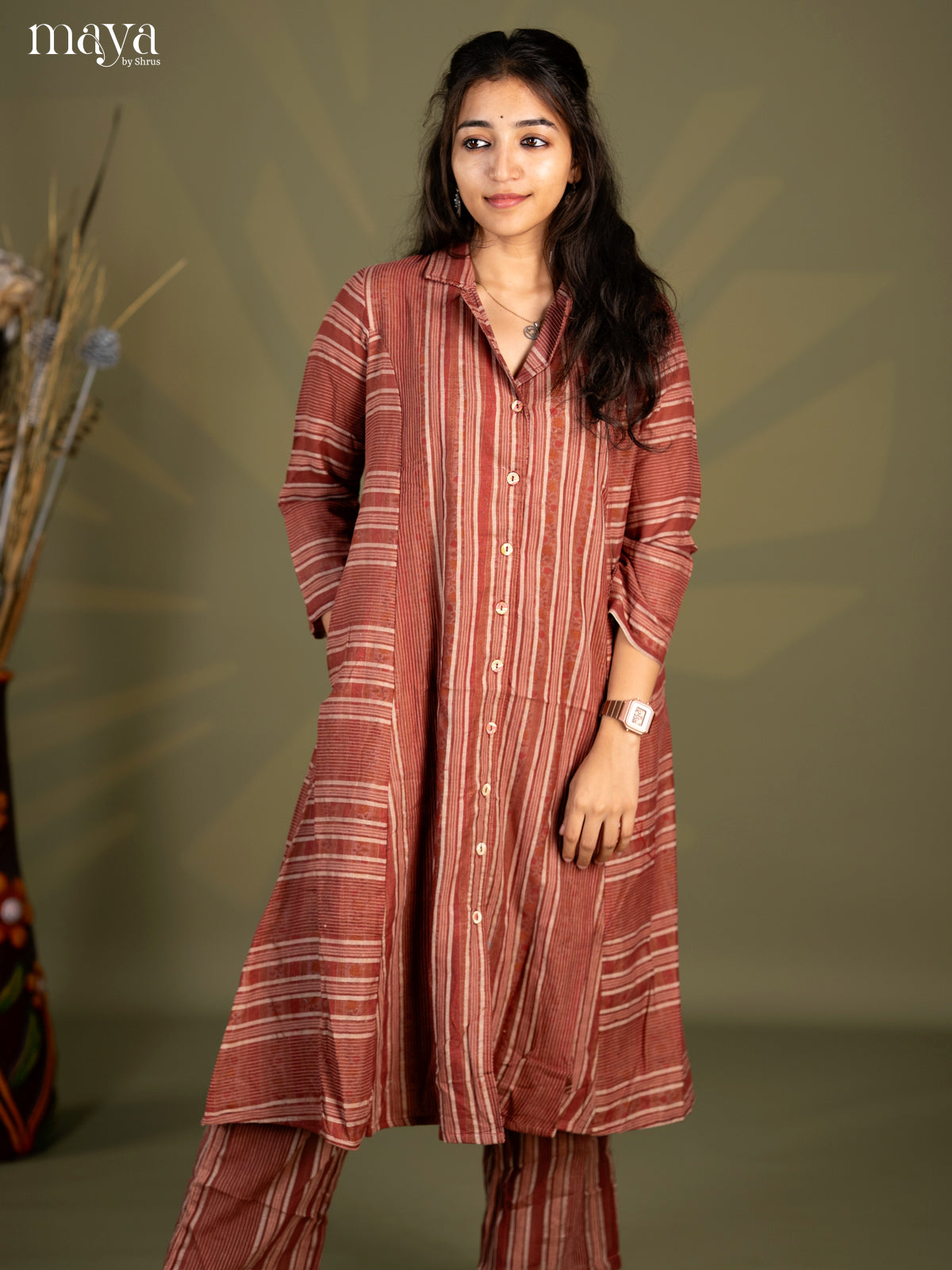 Brown Cotton 2pc Stripe Print Salwar Suit - Top & Bottom - Shop on Shrus.com