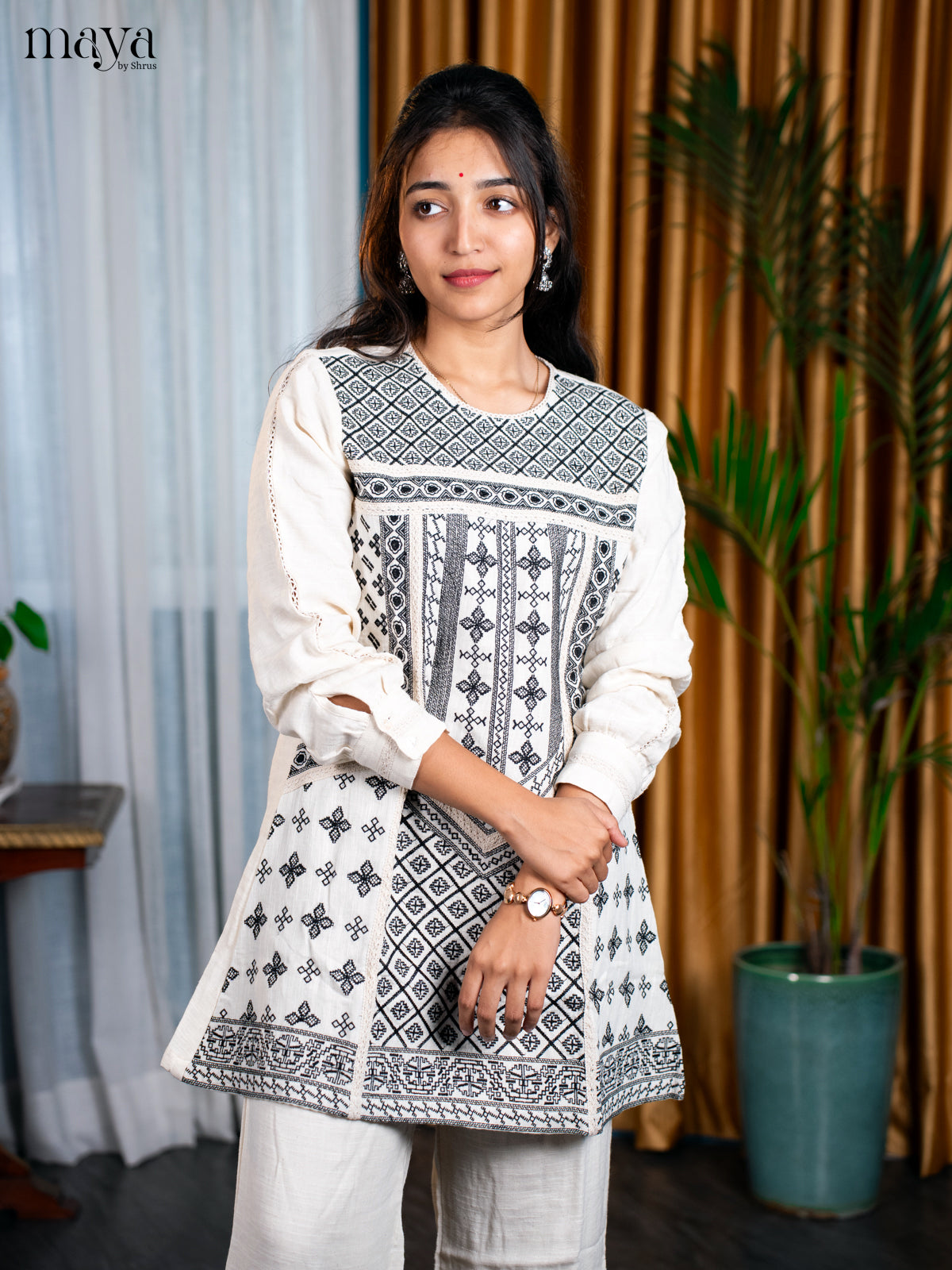 Cream Cotton 2pc Embroidered Salwar Suit - Top & Bottom - Shop on Shrus.com