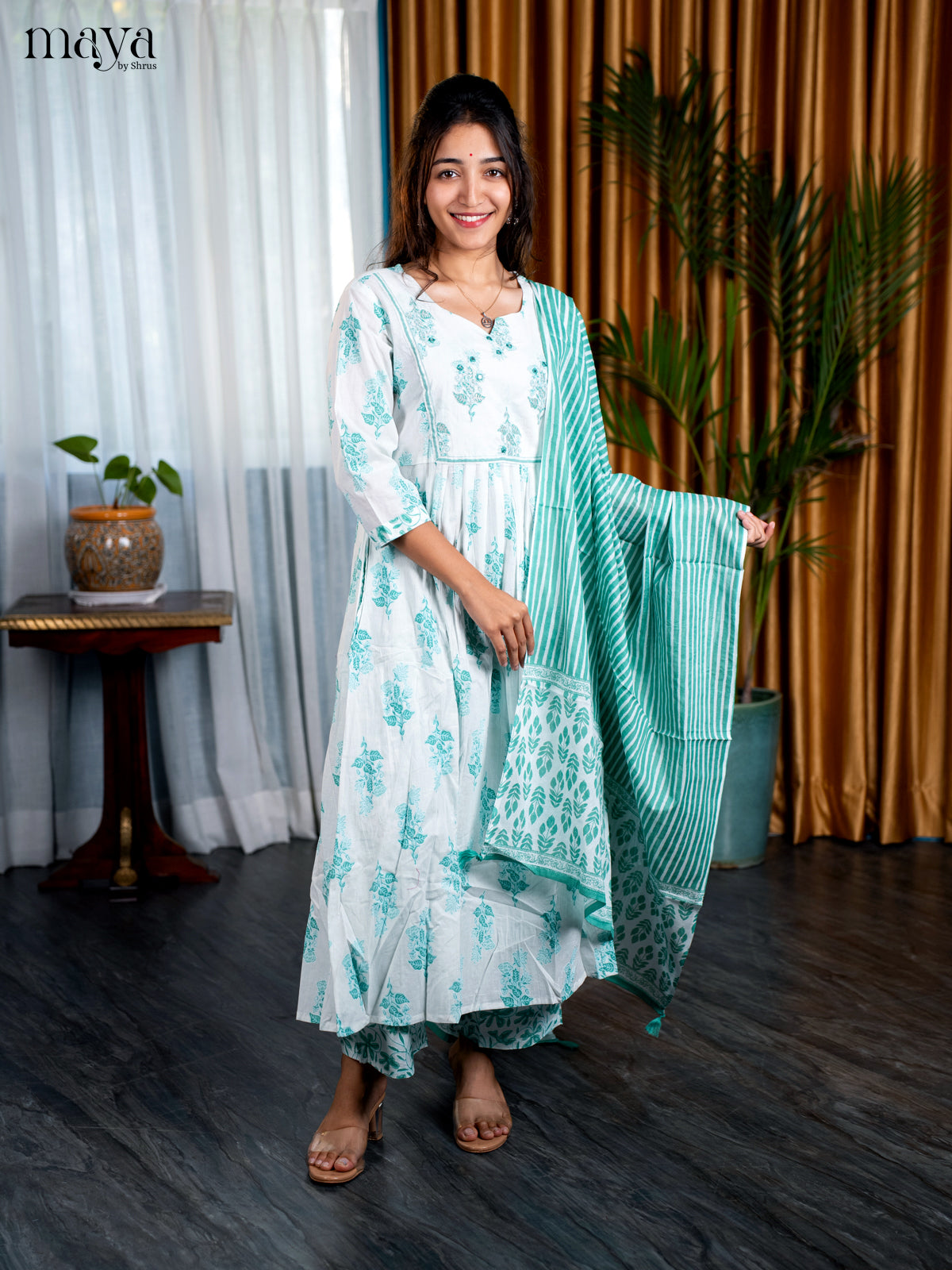 white with pastel Greem 3pc Salwar Suit - Top, Bottom & Dupatta - Shop on Shrus.com