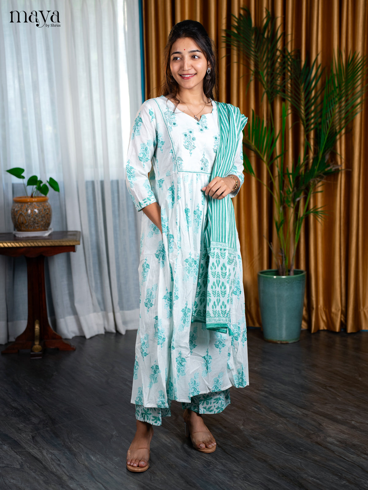 white with pastel Greem 3pc Salwar Suit - Top, Bottom & Dupatta - Shop on Shrus.com