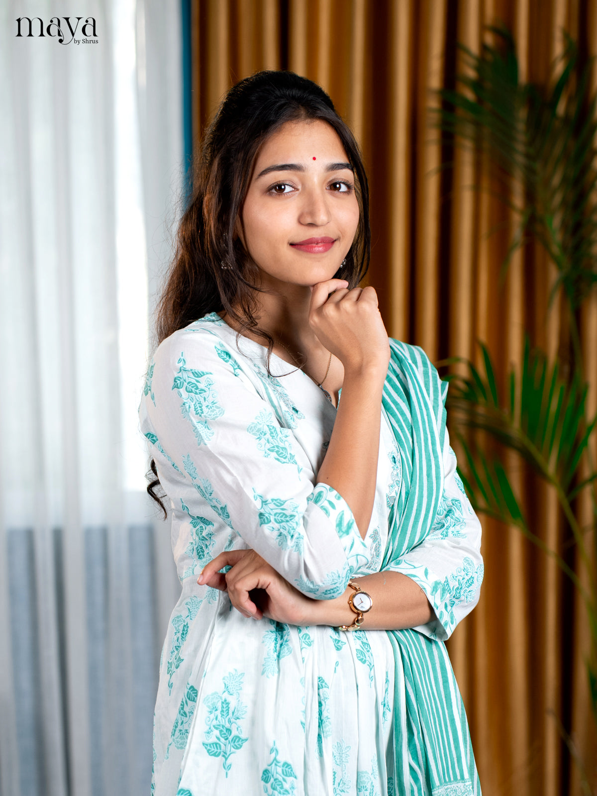 white with pastel Greem 3pc Salwar Suit - Top, Bottom & Dupatta - Shop on Shrus.com