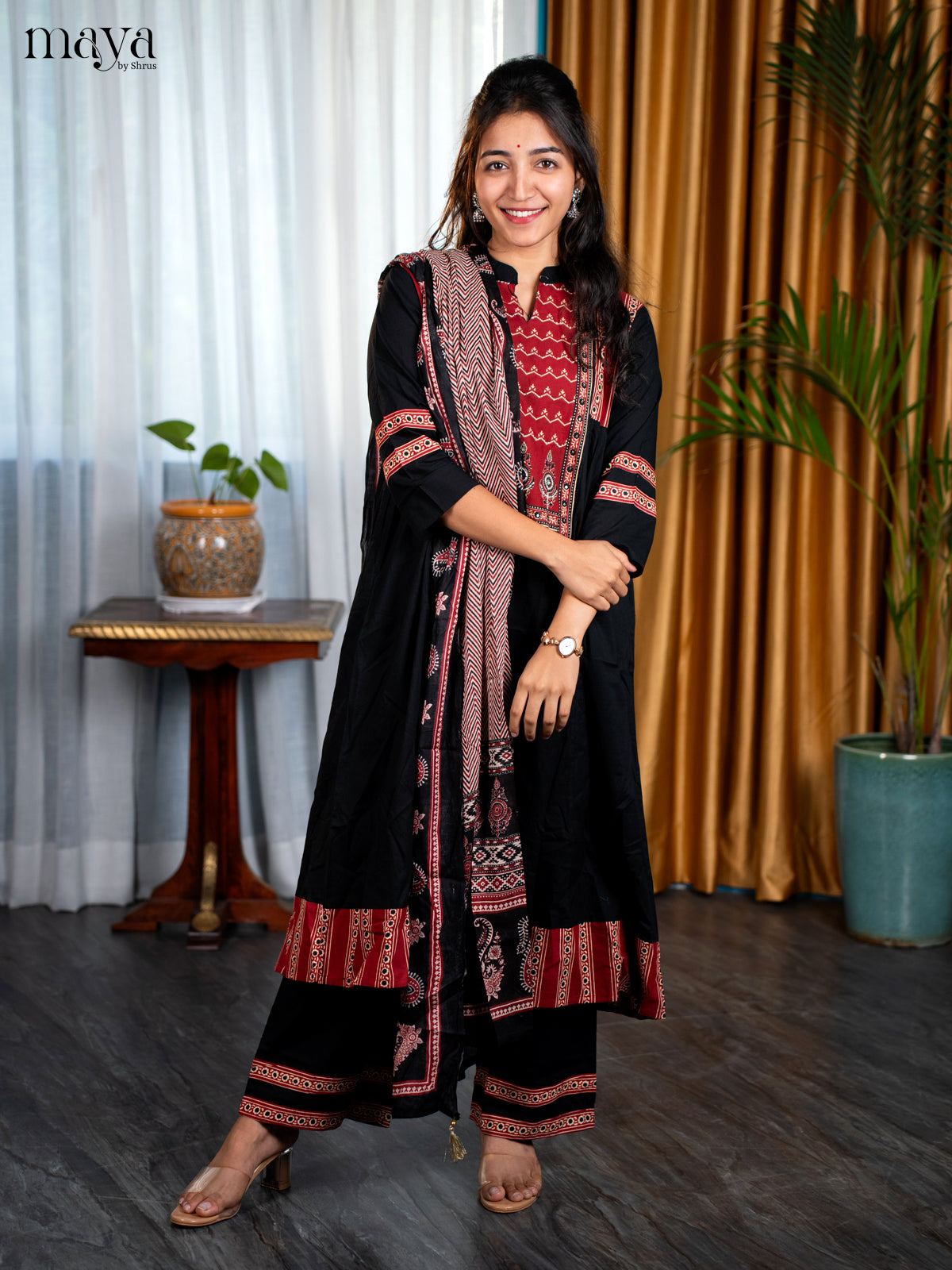 Black Cotton 3pc Salwar Suit with Floral Print - Top, Bottom & Dupatta - Shop on Shrus.com