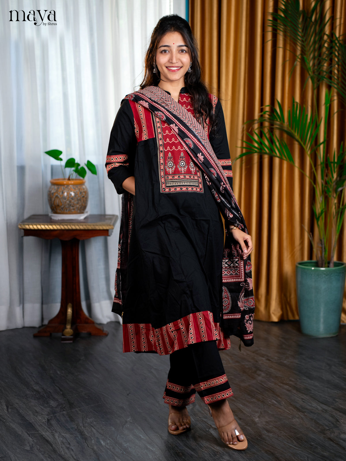 Black Cotton 3pc Salwar Suit with Floral Print - Top, Bottom & Dupatta - Shop on Shrus.com