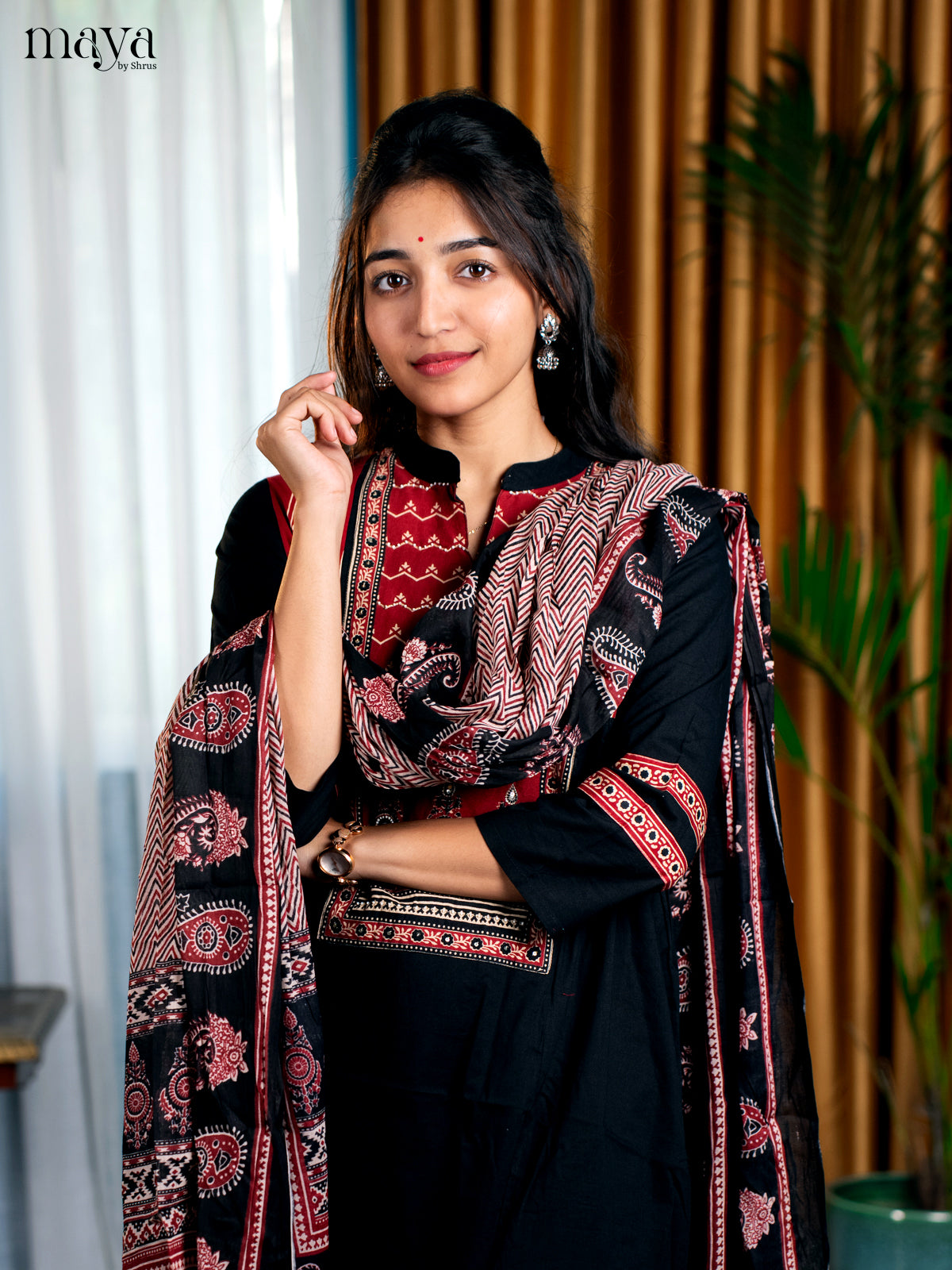 Black Cotton 3pc Salwar Suit with Floral Print - Top, Bottom & Dupatta - Shop on Shrus.com