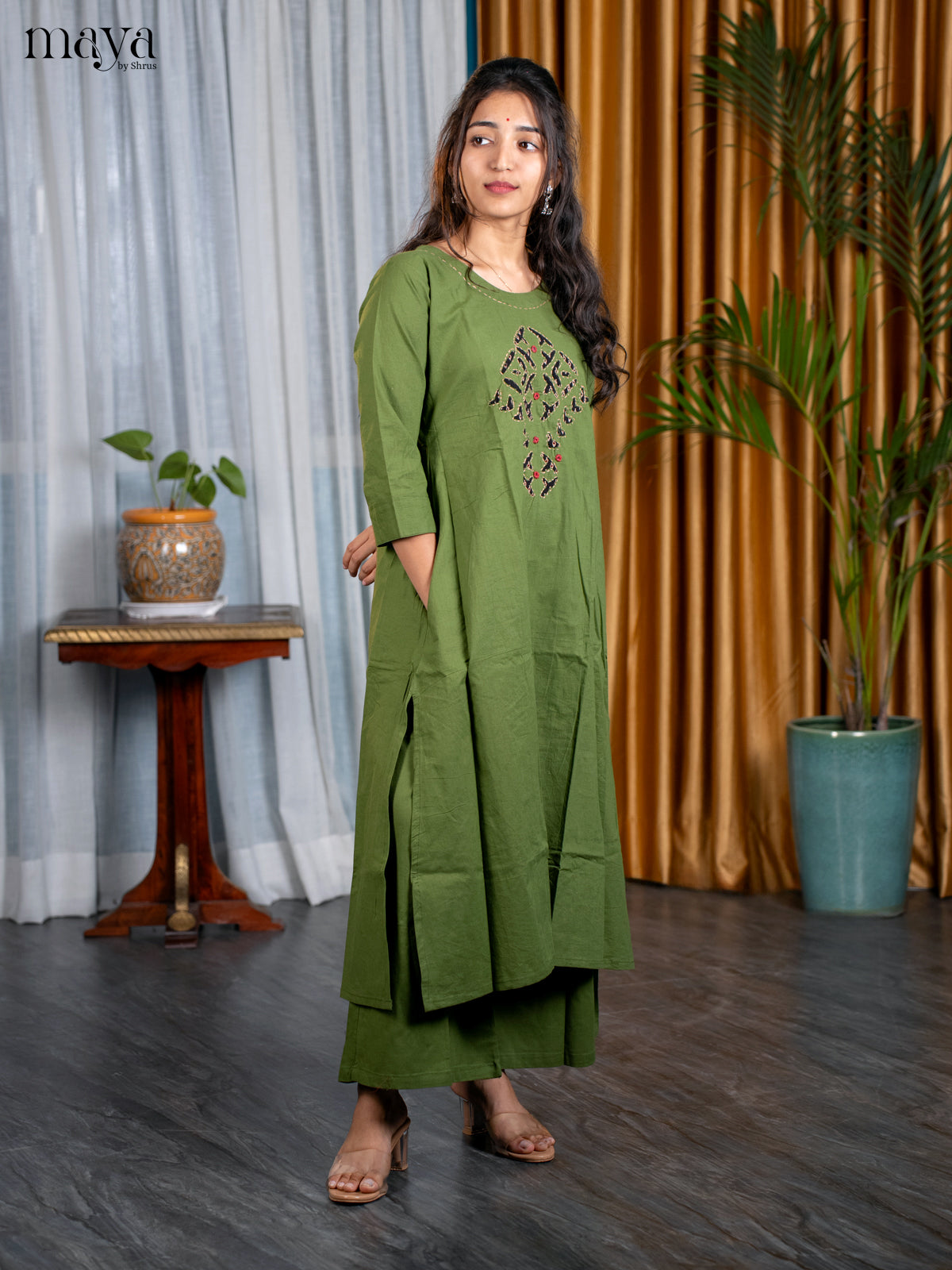 Military Green Cotton 2pc Patchwork Salwar Suit - Top & Bottom - Shop on Shrus.com