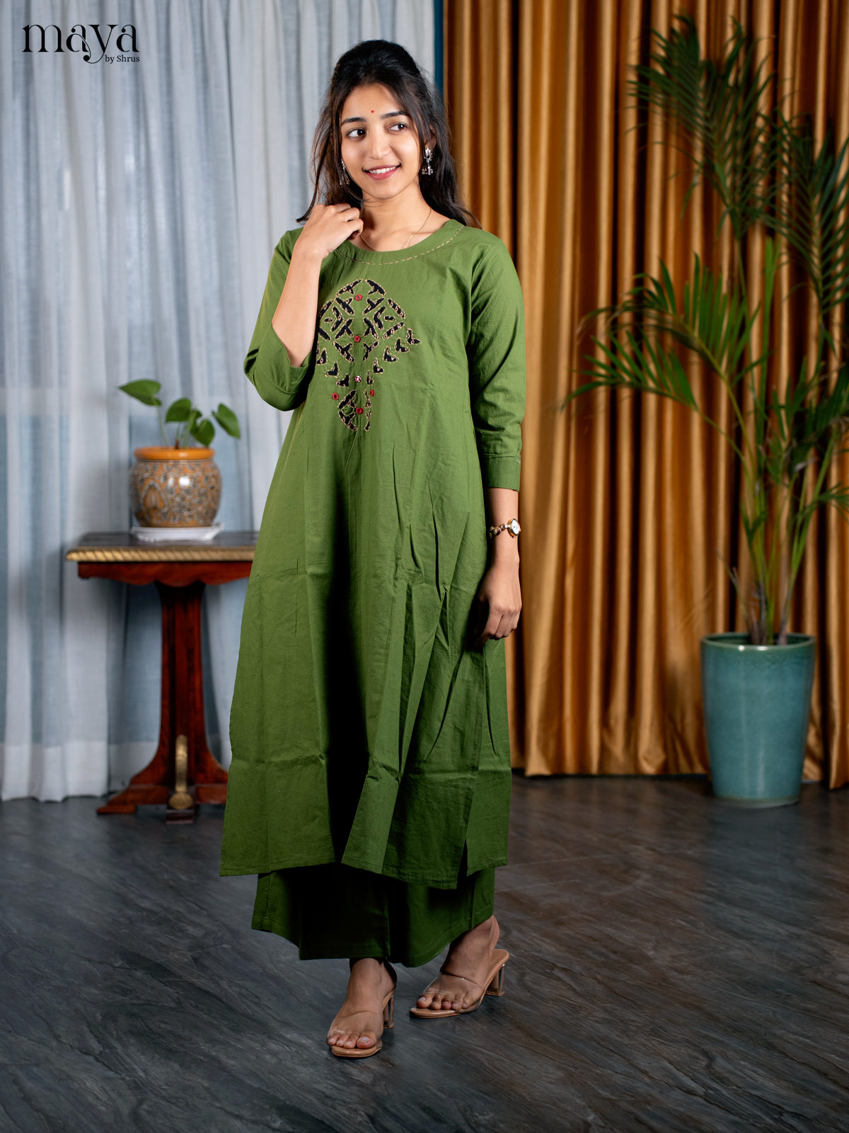 Military Green Cotton 2pc Patchwork Salwar Suit - Top & Bottom - Shop on Shrus.com