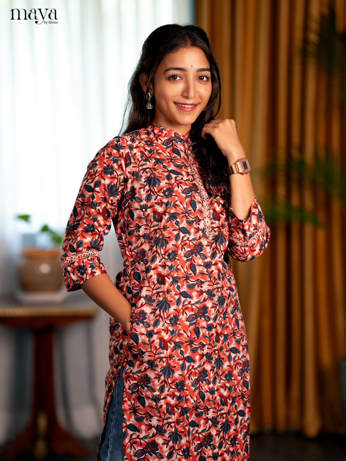 Rust Floral Printed Cotton Straight Kurti - Shop on Shrus.com