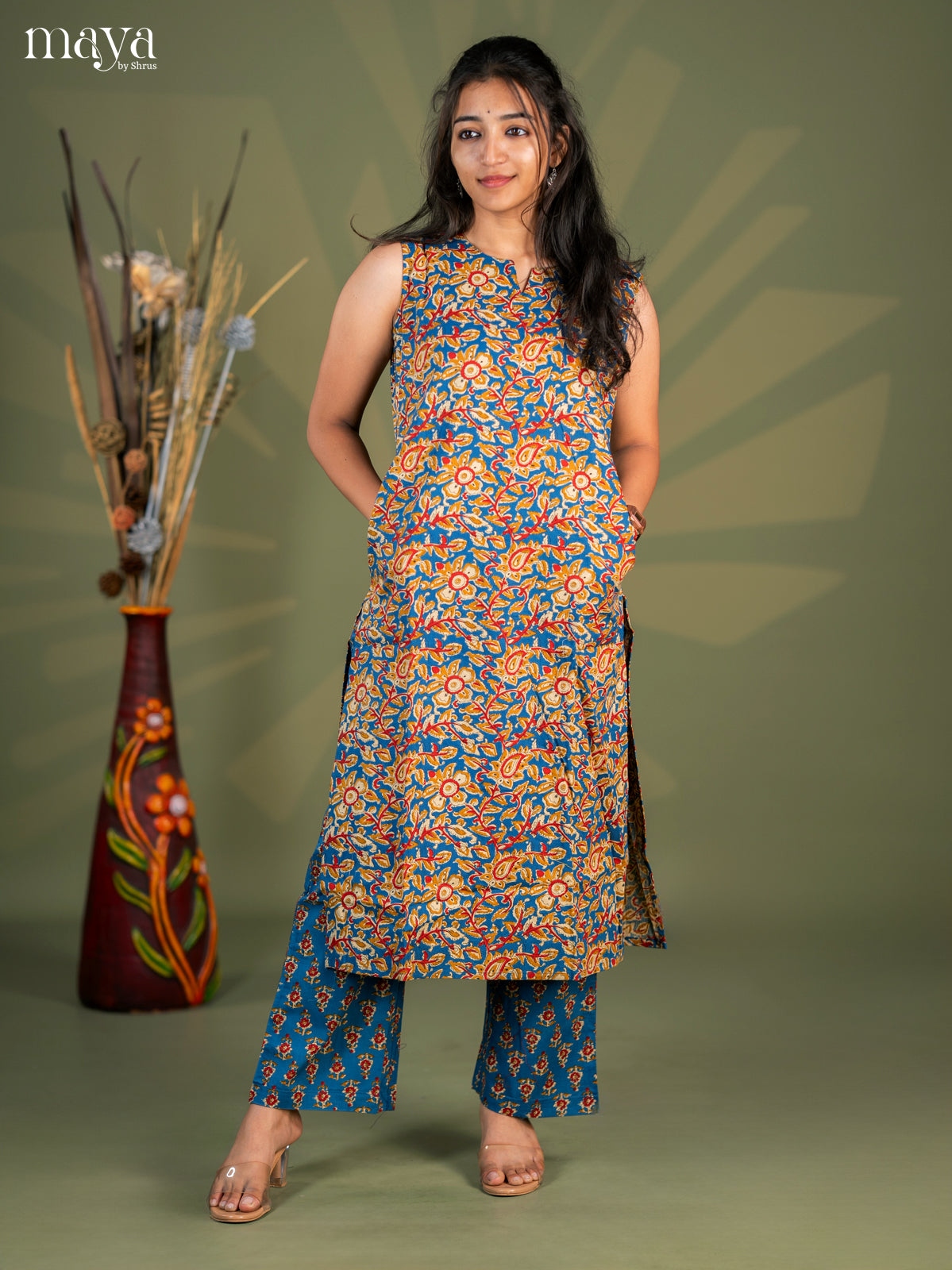 Peacock Blue Cotton 2pc Kalamkari Print Salwar Suit - Top & Bottom - Shop on Shrus.com