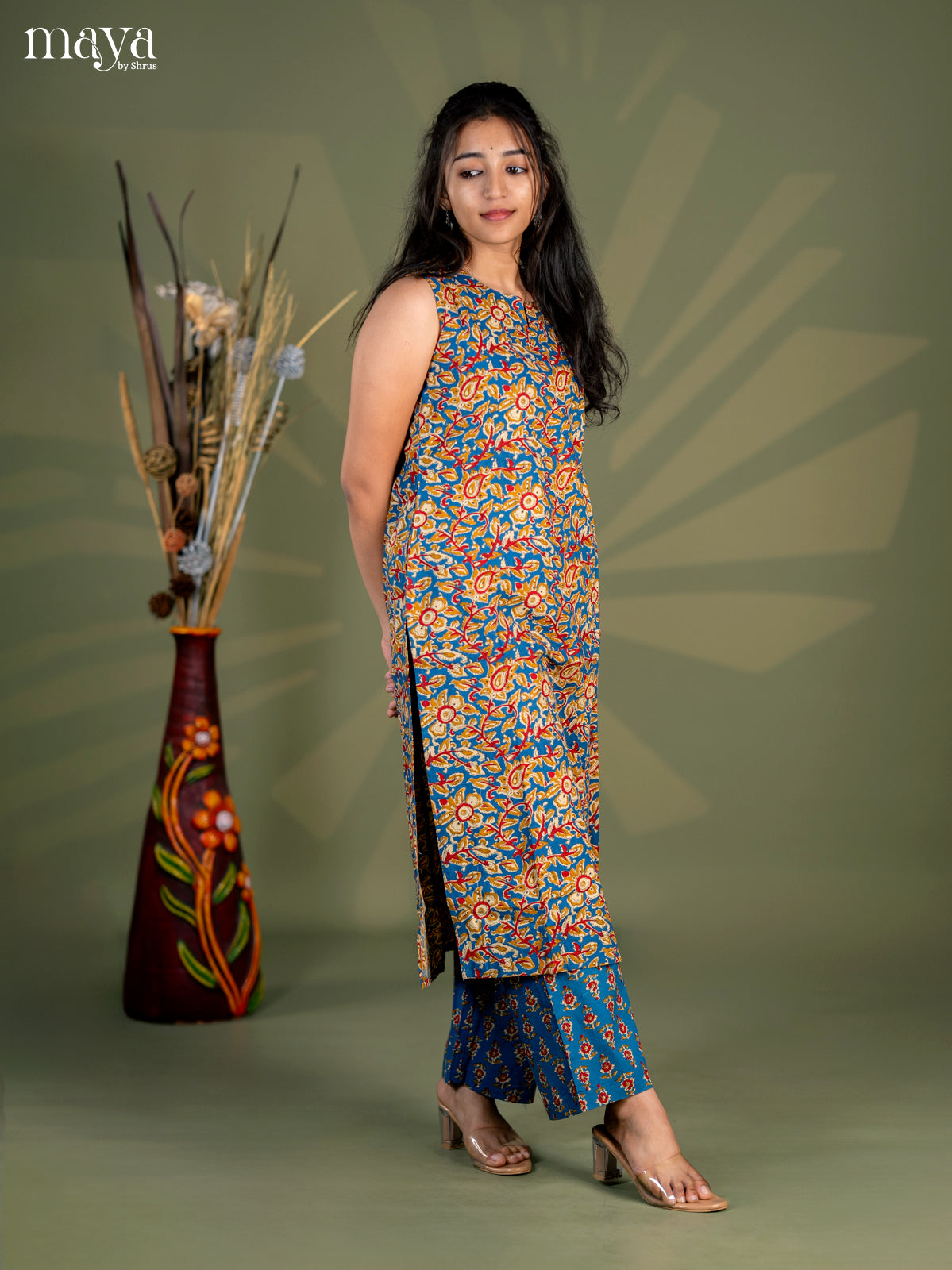 Peacock Blue Cotton 2pc Kalamkari Print Salwar Suit - Top & Bottom - Shop on Shrus.com
