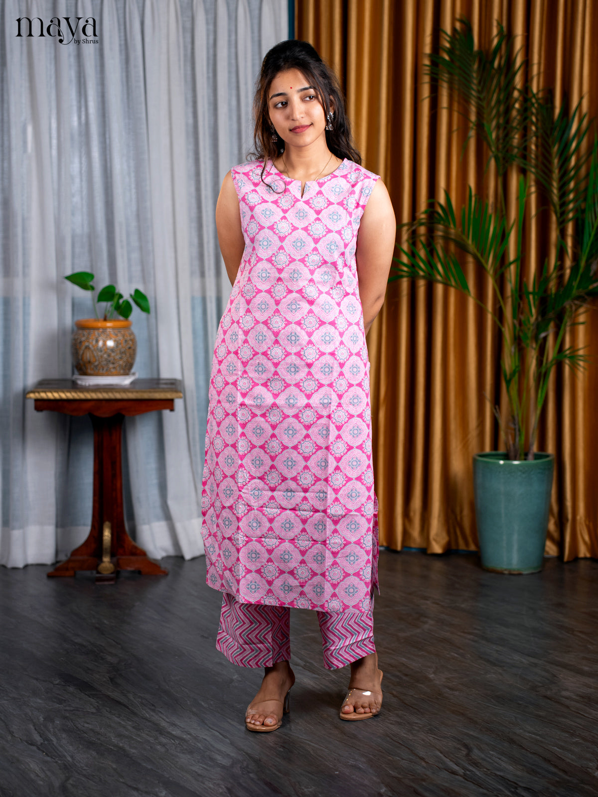 Pink Cotton 2pc Ajrakh Print Salwar Suit - Top & Bottom - Shop on Shrus.com