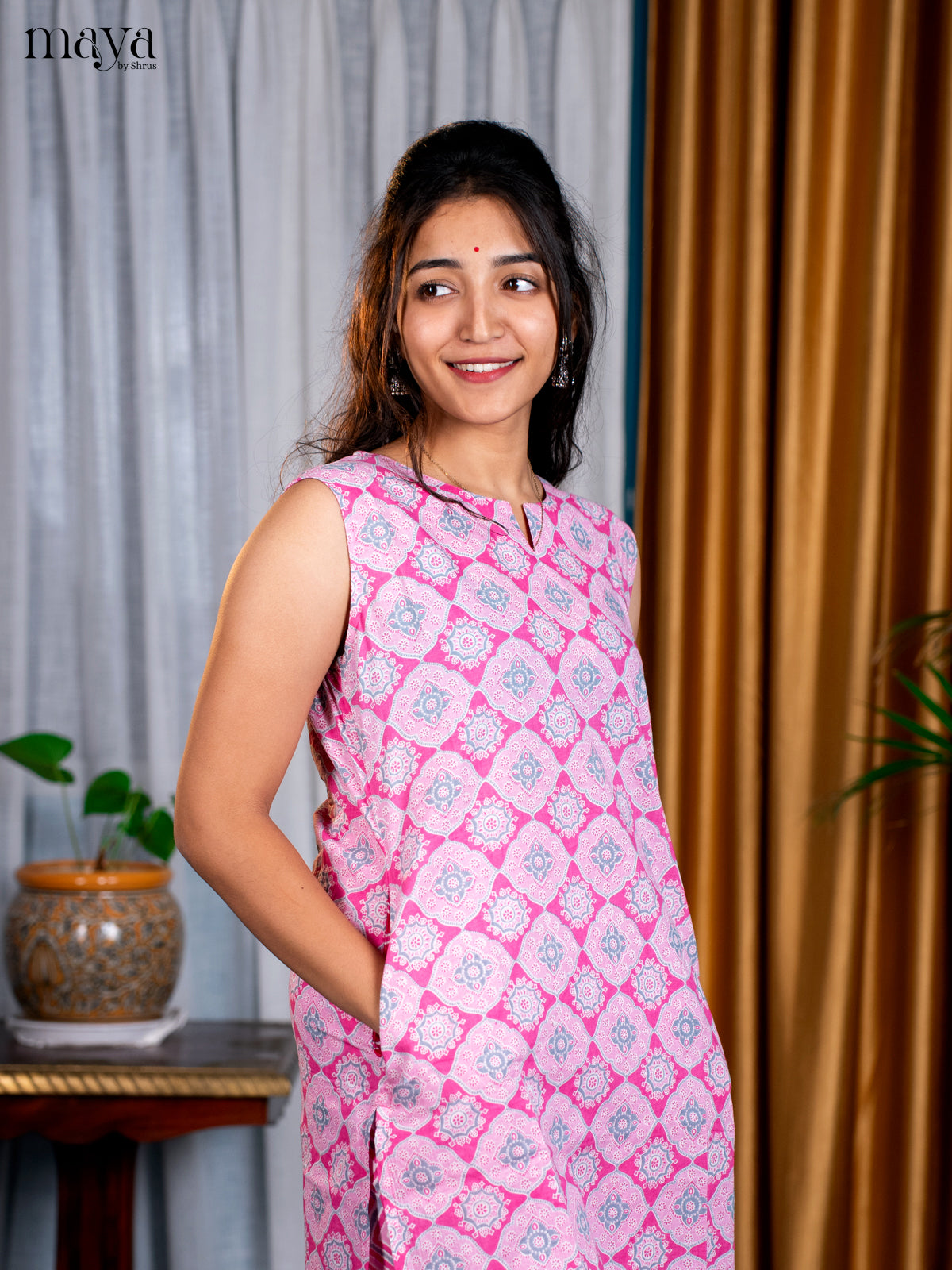 Pink Cotton 2pc Ajrakh Print Salwar Suit - Top & Bottom - Shop on Shrus.com