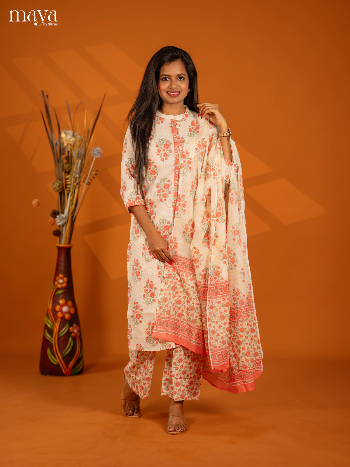 Cream with Orange Cotton 3pc Salwar Suit with Floral Print - Top, Bottom & Dupatta - Shop on Shrus.com