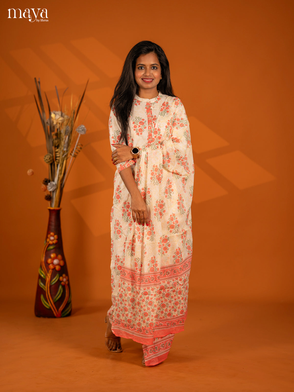 Cream with Orange Cotton 3pc Salwar Suit with Floral Print - Top, Bottom & Dupatta - Shop on Shrus.com