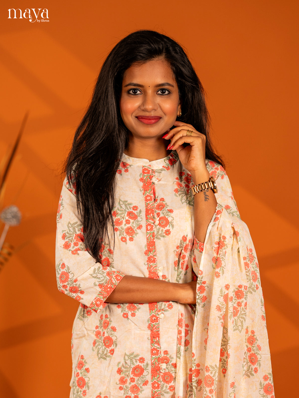 Cream with Orange Cotton 3pc Salwar Suit with Floral Print - Top, Bottom & Dupatta - Shop on Shrus.com