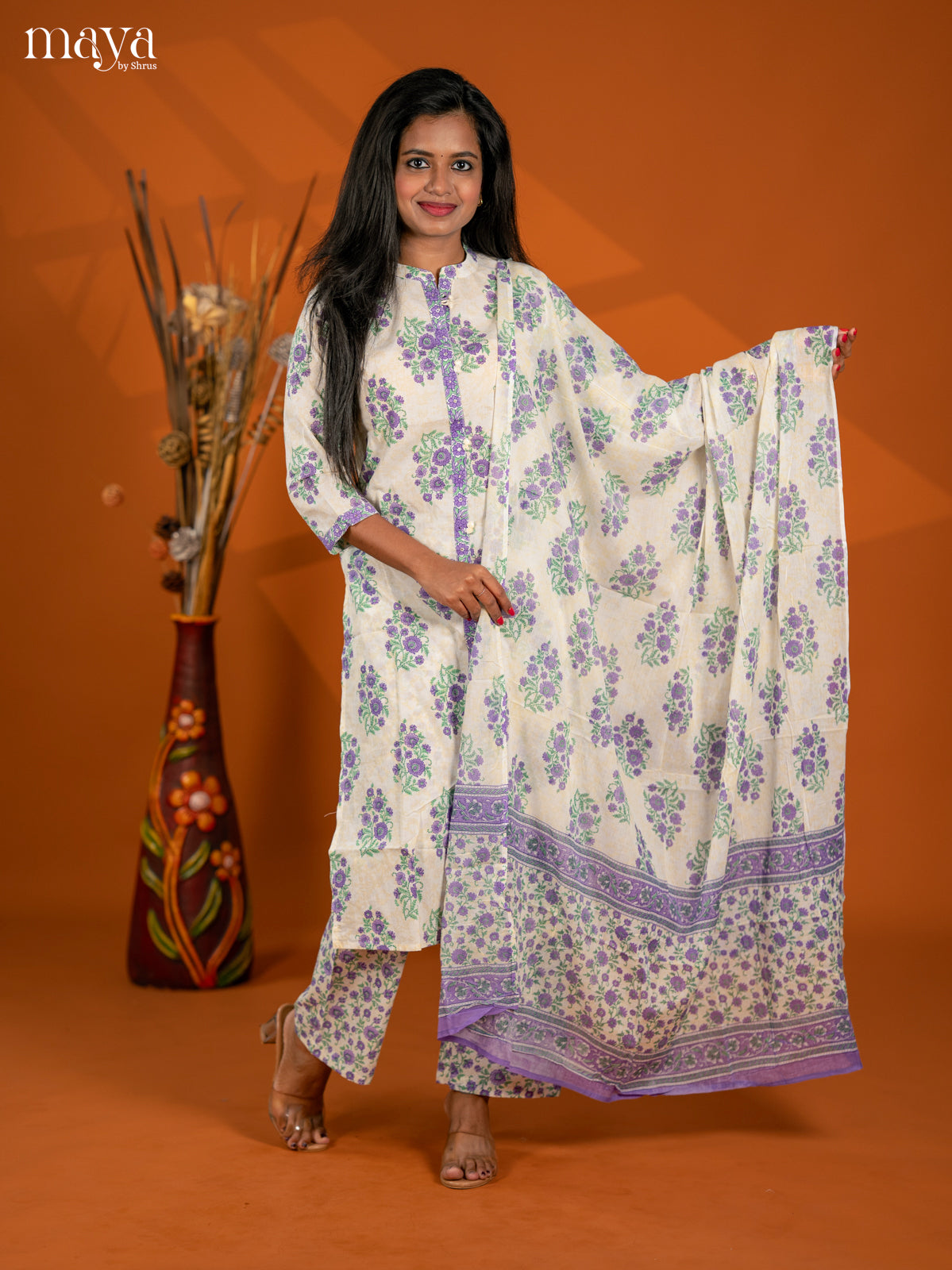 Cream with Orange Cotton 3pc Salwar Suit with Floral Print - Top, Bottom & Dupatta - Shop on Shrus.com