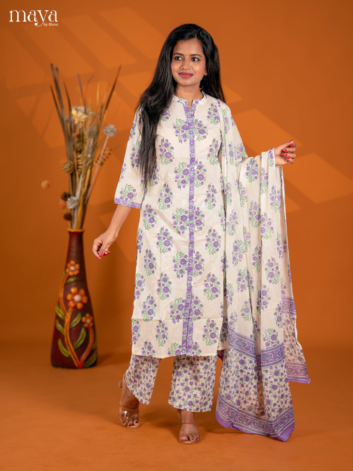 Cream with Orange Cotton 3pc Salwar Suit with Floral Print - Top, Bottom & Dupatta - Shop on Shrus.com