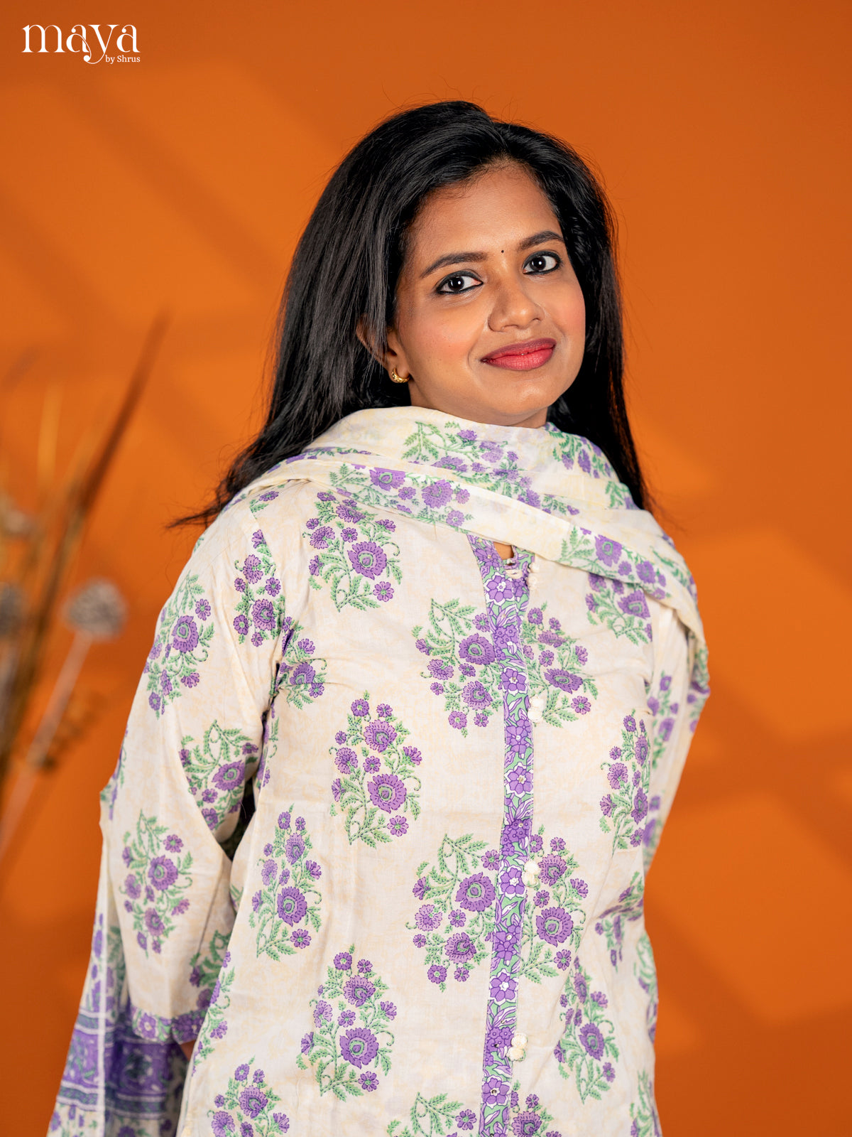 Cream with Orange Cotton 3pc Salwar Suit with Floral Print - Top, Bottom & Dupatta - Shop on Shrus.com