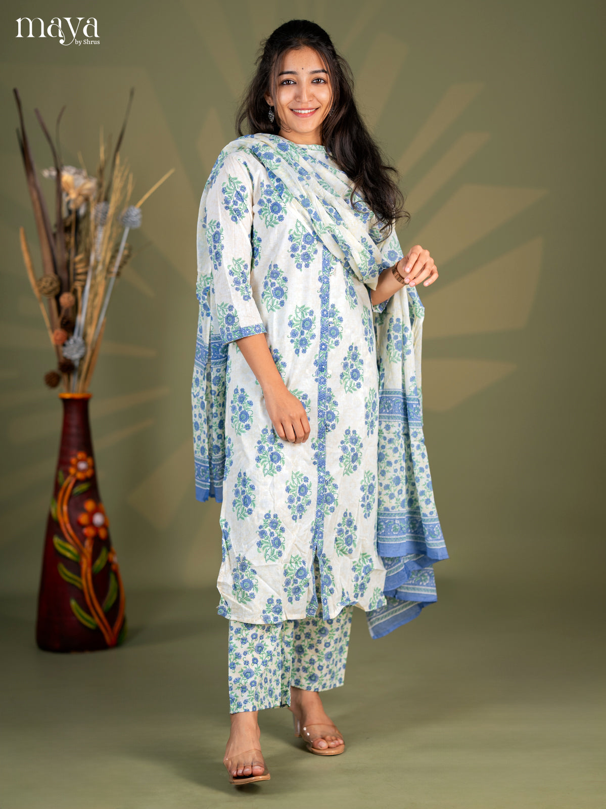 Cream with Blue Cotton 3pc Salwar Suit with Floral Print - Top, Bottom & Dupatta - Shop on Shrus.com
