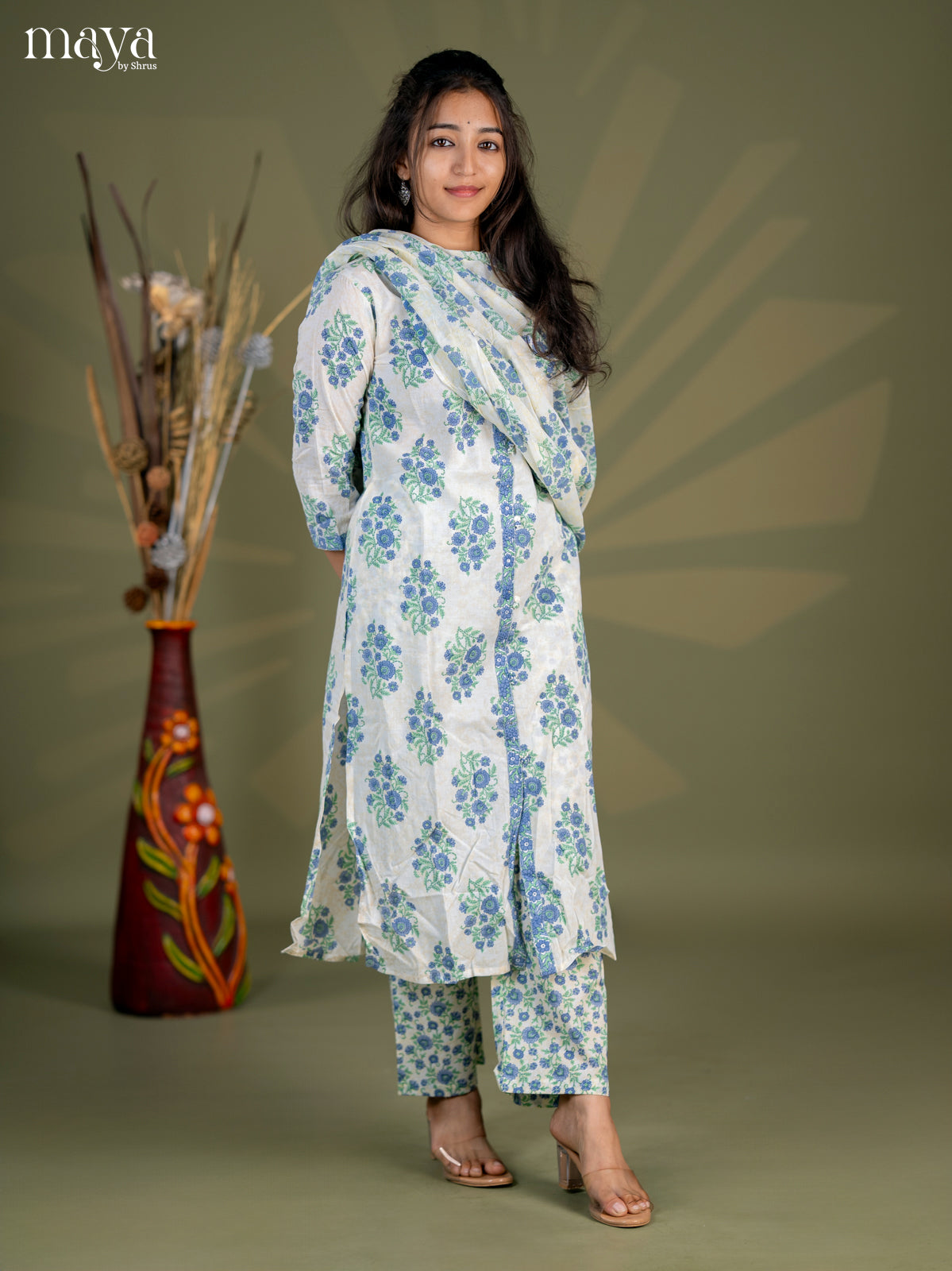 Cream with Blue Cotton 3pc Salwar Suit with Floral Print - Top, Bottom & Dupatta - Shop on Shrus.com