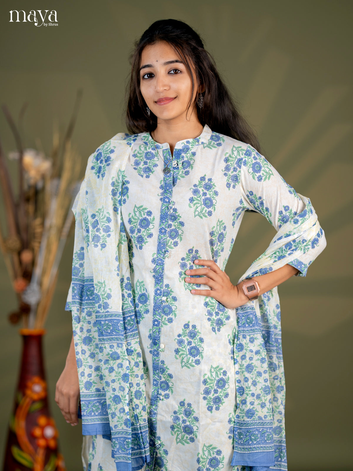 Cream with Blue Cotton 3pc Salwar Suit with Floral Print - Top, Bottom & Dupatta - Shop on Shrus.com