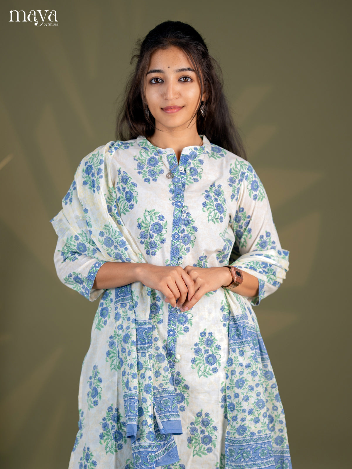 Cream with Blue Cotton 3pc Salwar Suit with Floral Print - Top, Bottom & Dupatta - Shop on Shrus.com