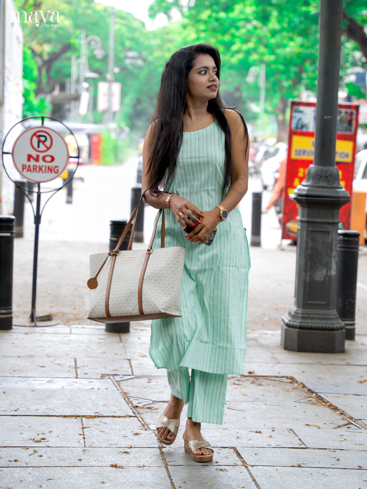 Pista Green Cotton 2pc Striped Salwar Suit - Top & Bottom - Shop on Shrus.com