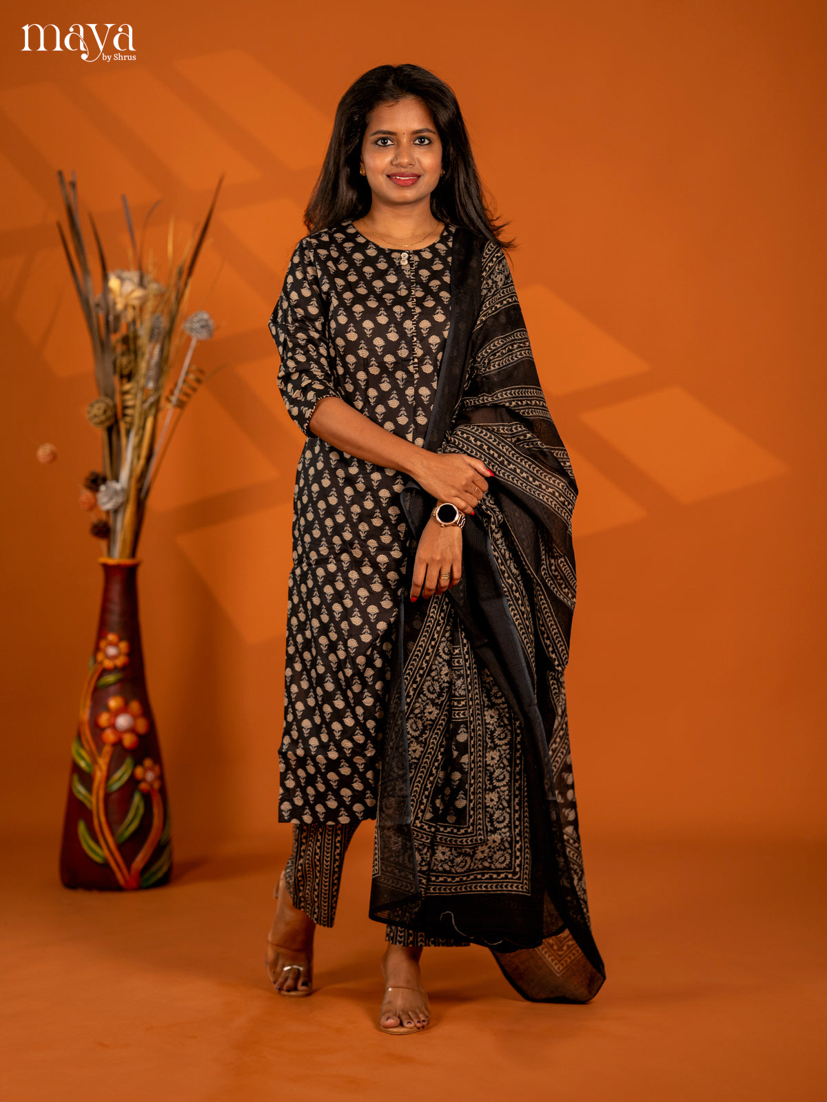 Black Cotton 3pc Salwar Suit with Floral Print - Top, Bottom & Dupatta - Shop on Shrus.com