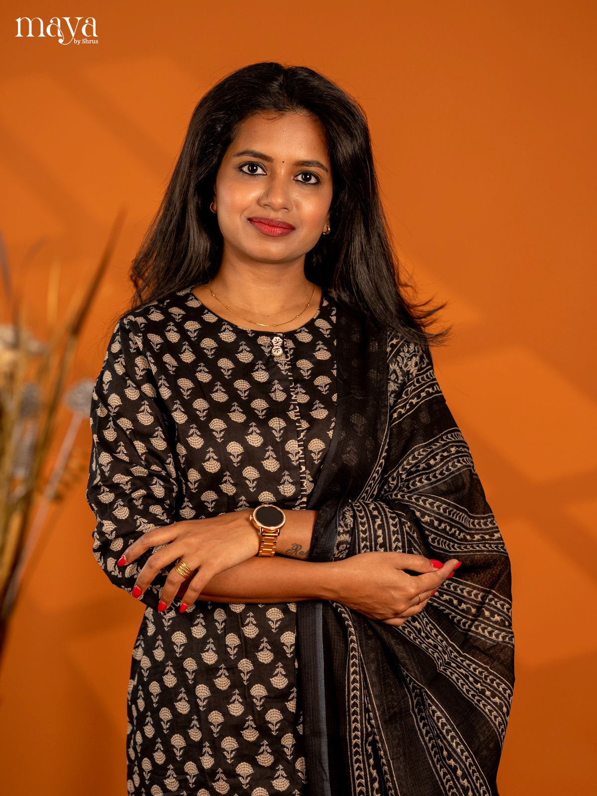 Black Cotton 3pc Salwar Suit with Floral Print - Top, Bottom & Dupatta - Shop on Shrus.com