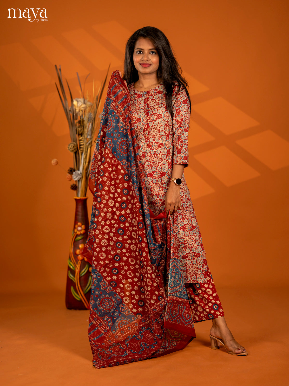 Dark Red Cotton 3pc Salwar Suit with Ajrakh Print - Top, Bottom & Dupatta - Shop on Shrus.com