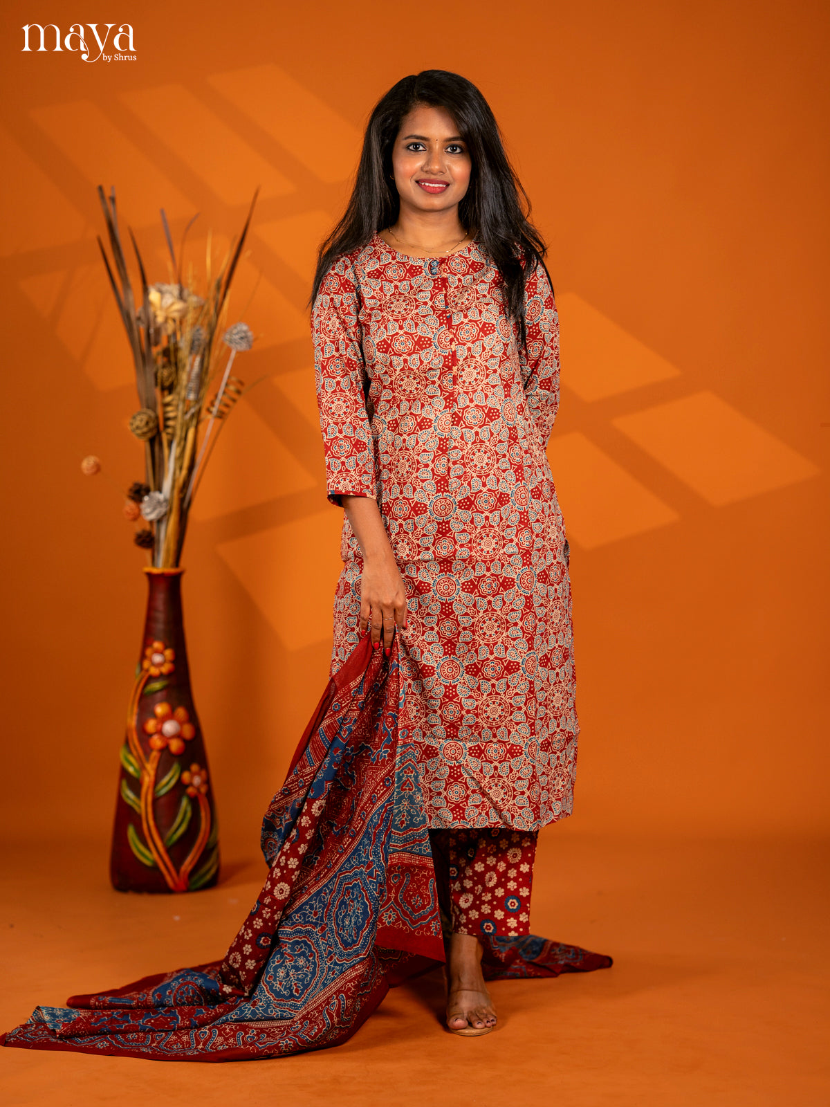 Dark Red Cotton 3pc Salwar Suit with Ajrakh Print - Top, Bottom & Dupatta - Shop on Shrus.com