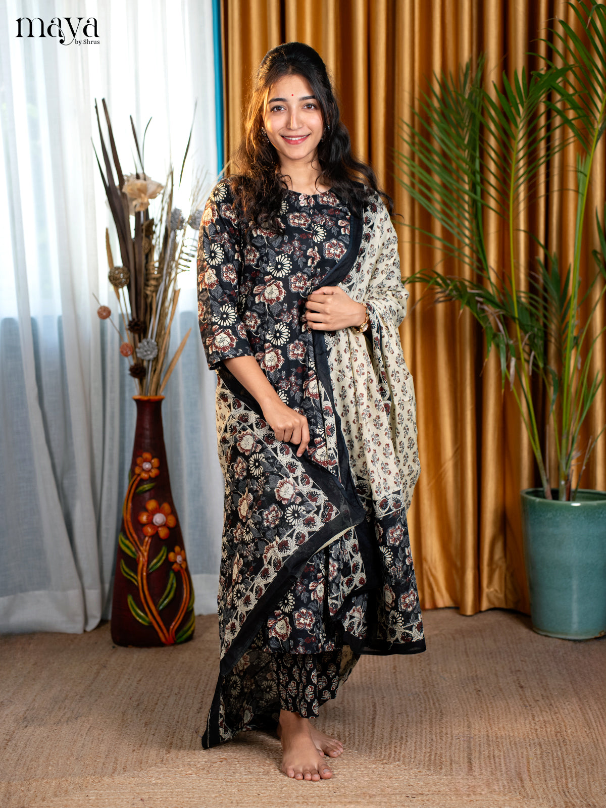 Black Cotton 3pc Salwar Suit with Floral Print - Top, Bottom & Dupatta - Shop on Shrus.com