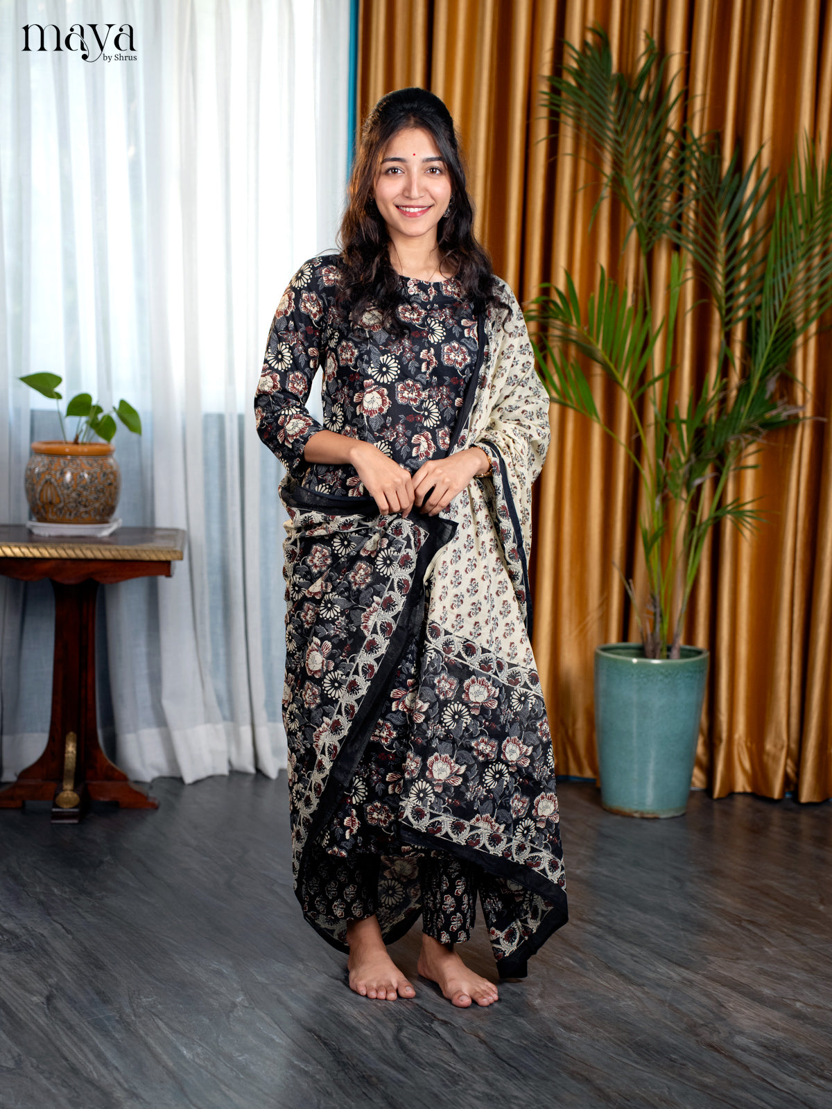 Black Cotton 3pc Salwar Suit with Floral Print - Top, Bottom & Dupatta - Shop on Shrus.com