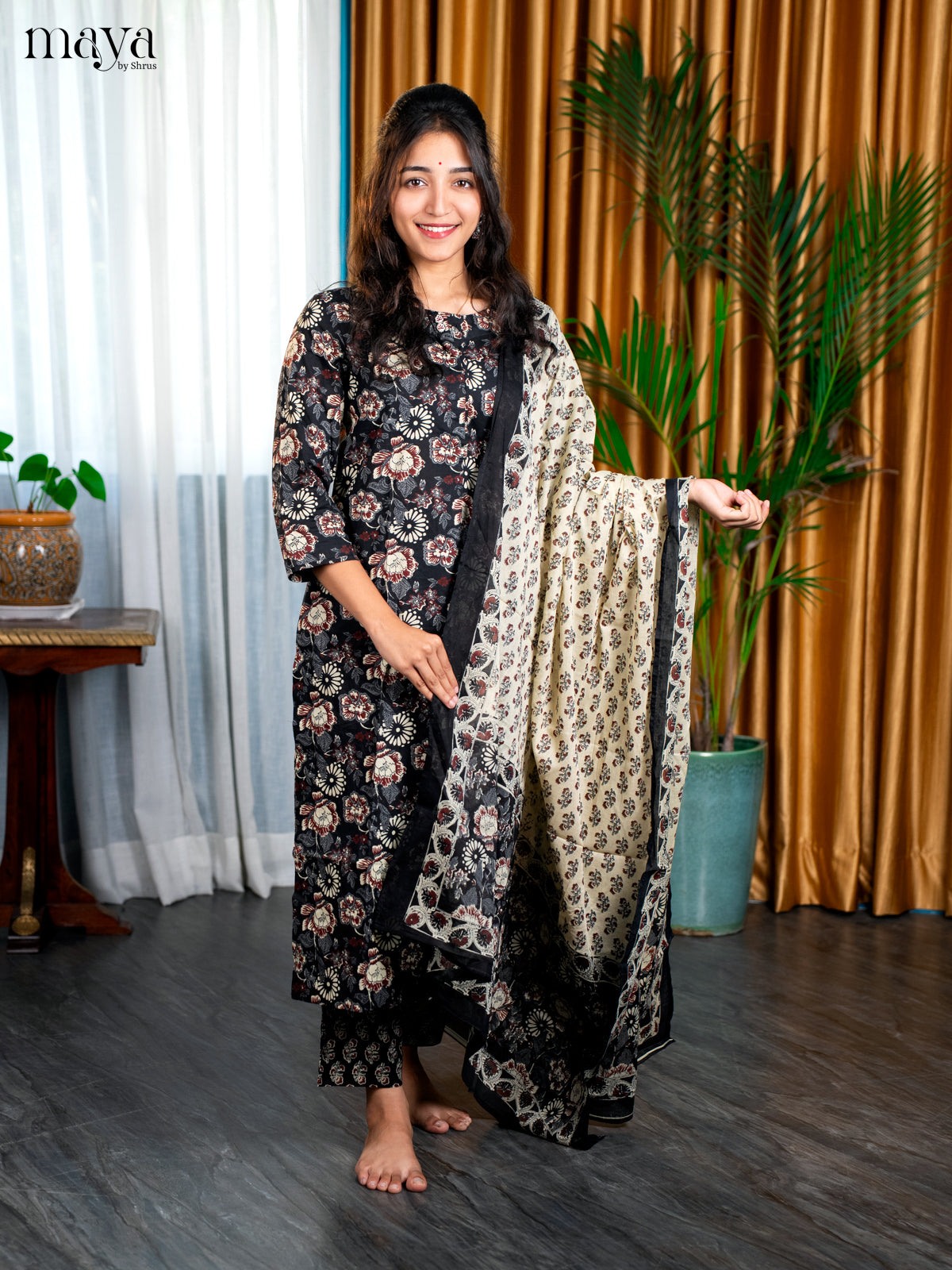 Black Cotton 3pc Salwar Suit with Floral Print - Top, Bottom & Dupatta - Shop on Shrus.com
