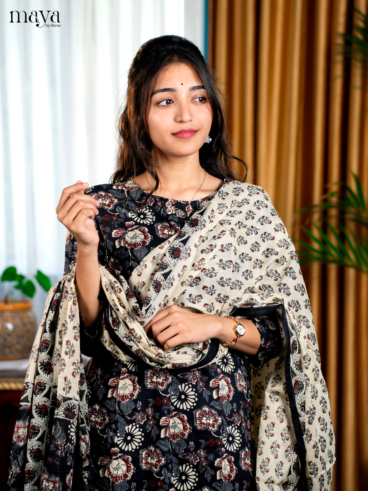 Black Cotton 3pc Salwar Suit with Floral Print - Top, Bottom & Dupatta - Shop on Shrus.com