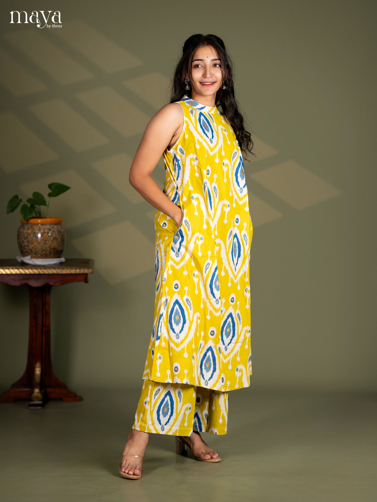 Lemon Yellow Cotton Ikat Print Salwar Suit - Top & Bottom - Shop on Shrus.com