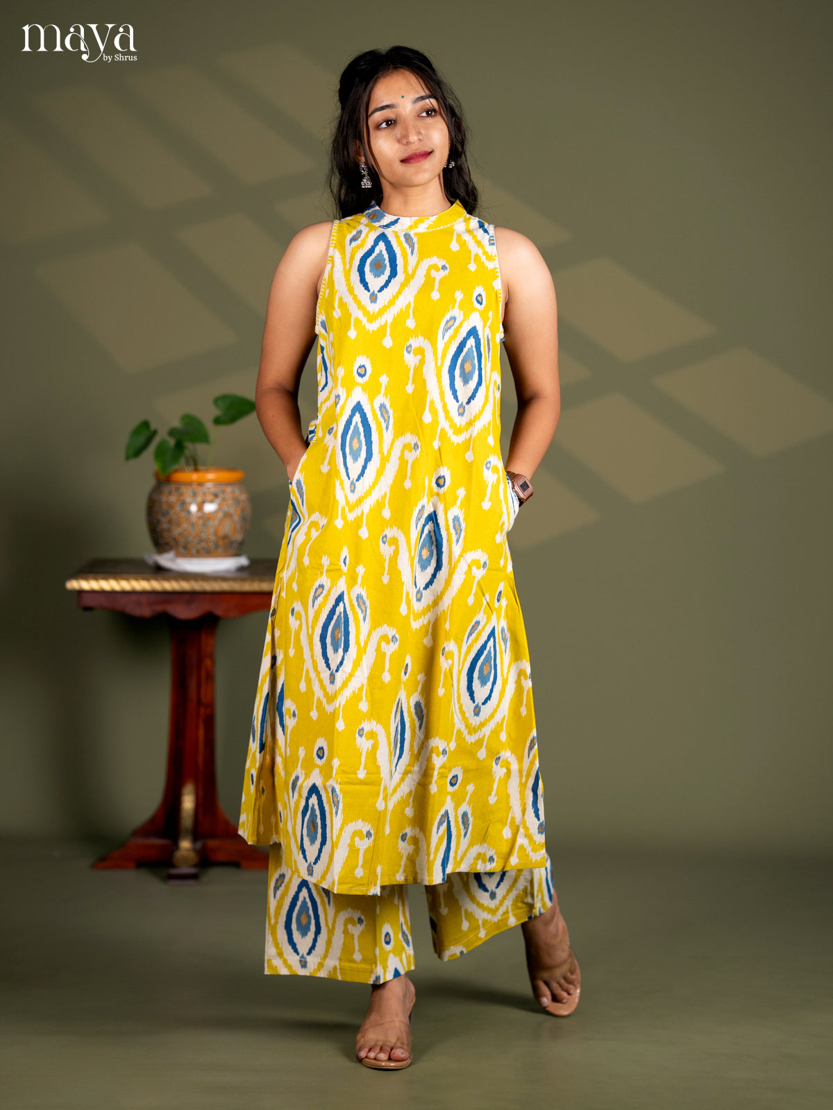 Lemon Yellow Cotton Ikat Print Salwar Suit - Top & Bottom - Shop on Shrus.com