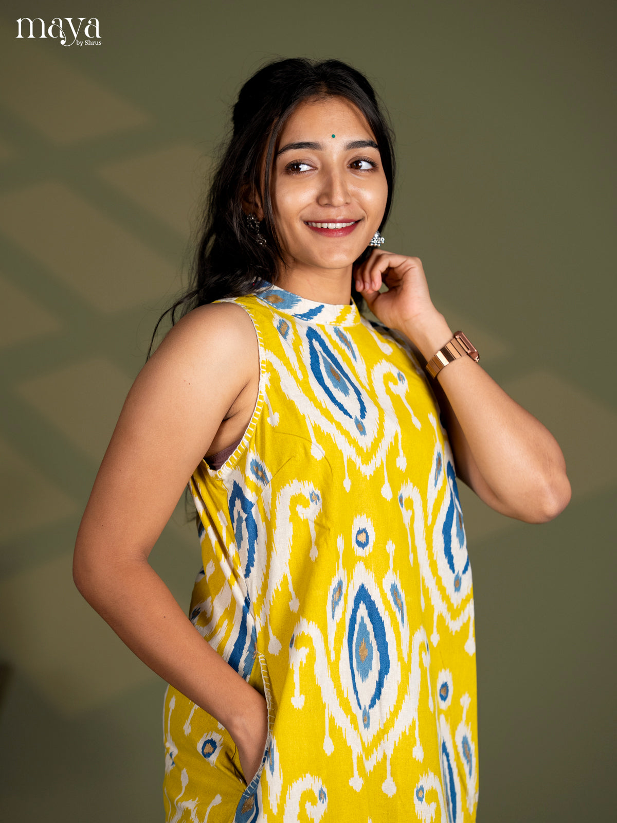 Lemon Yellow Cotton Ikat Print Salwar Suit - Top & Bottom - Shop on Shrus.com