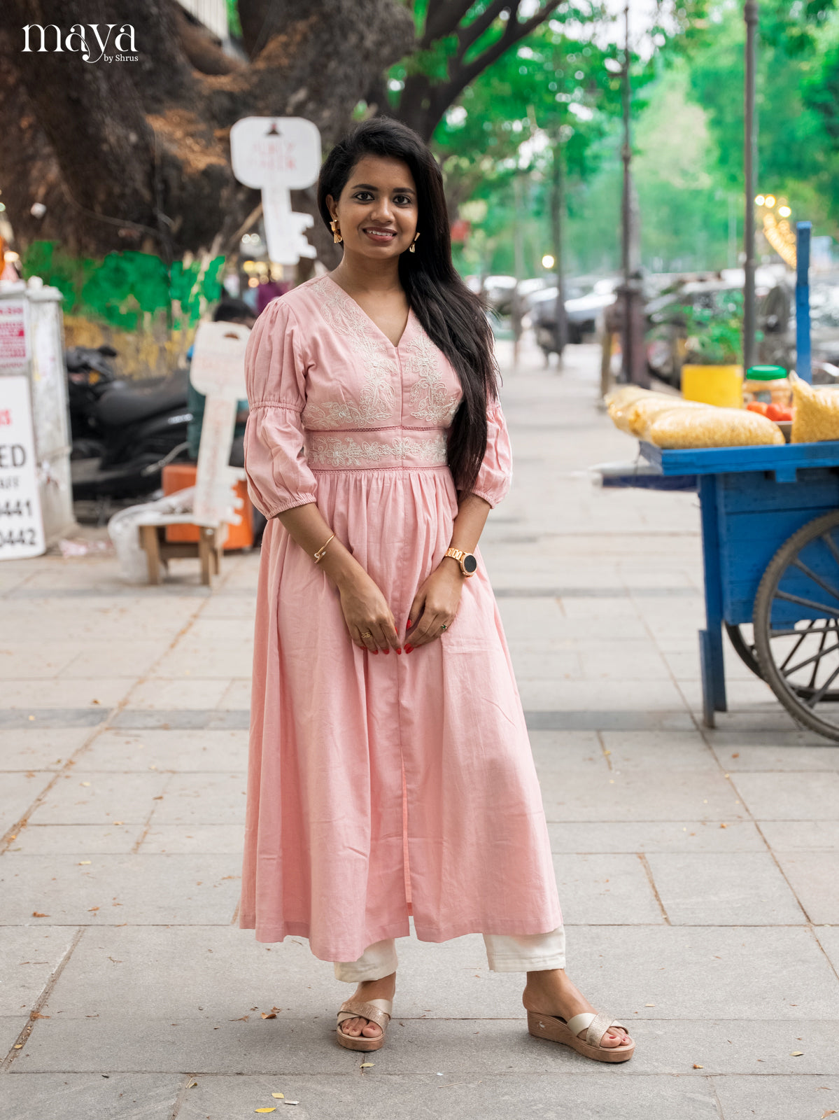 Embroidered Baby Pink Cotton Anarkali Kurti - Shop on Shrus.com