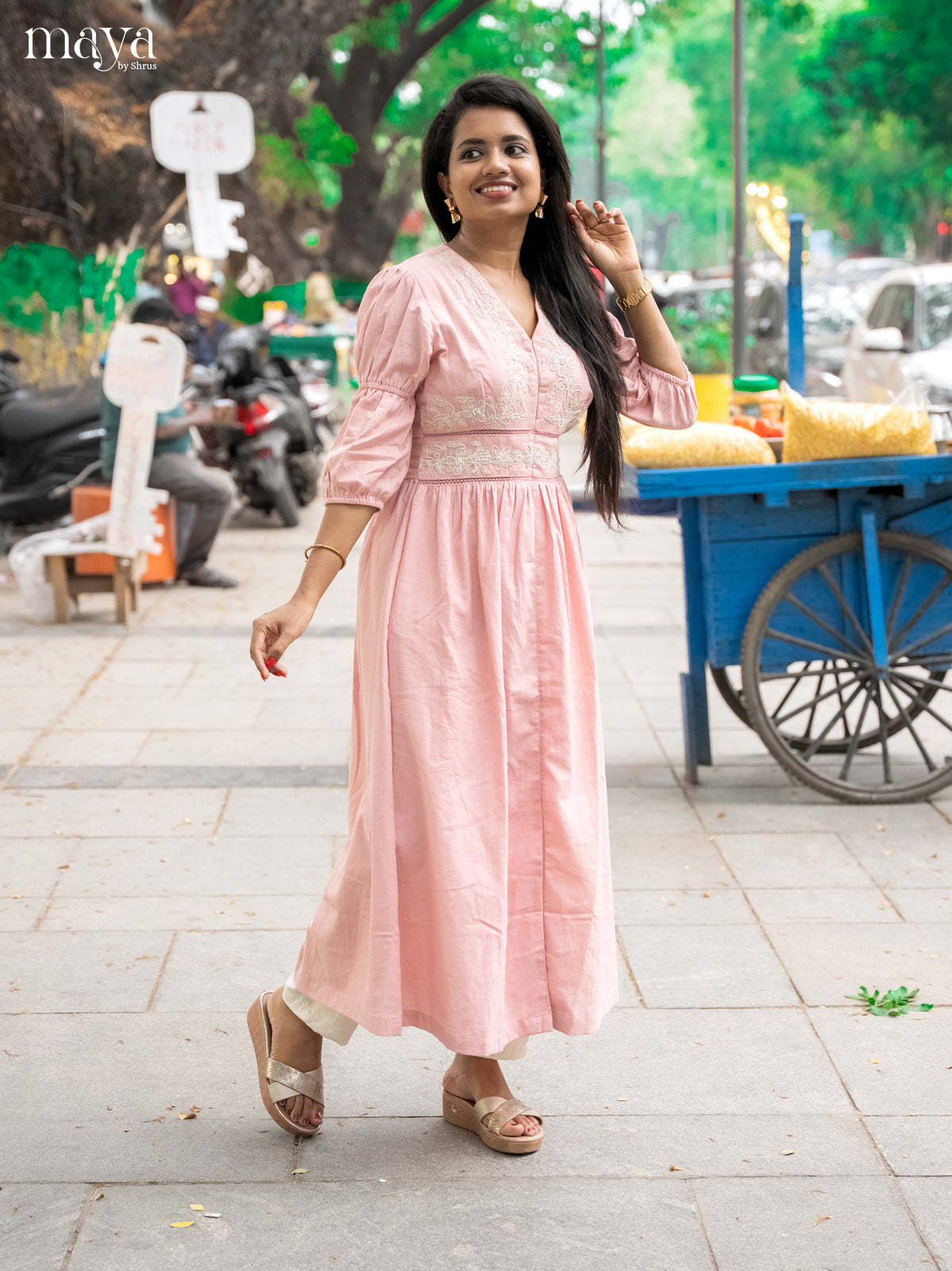 Embroidered Baby Pink Cotton Anarkali Kurti - Shop on Shrus.com