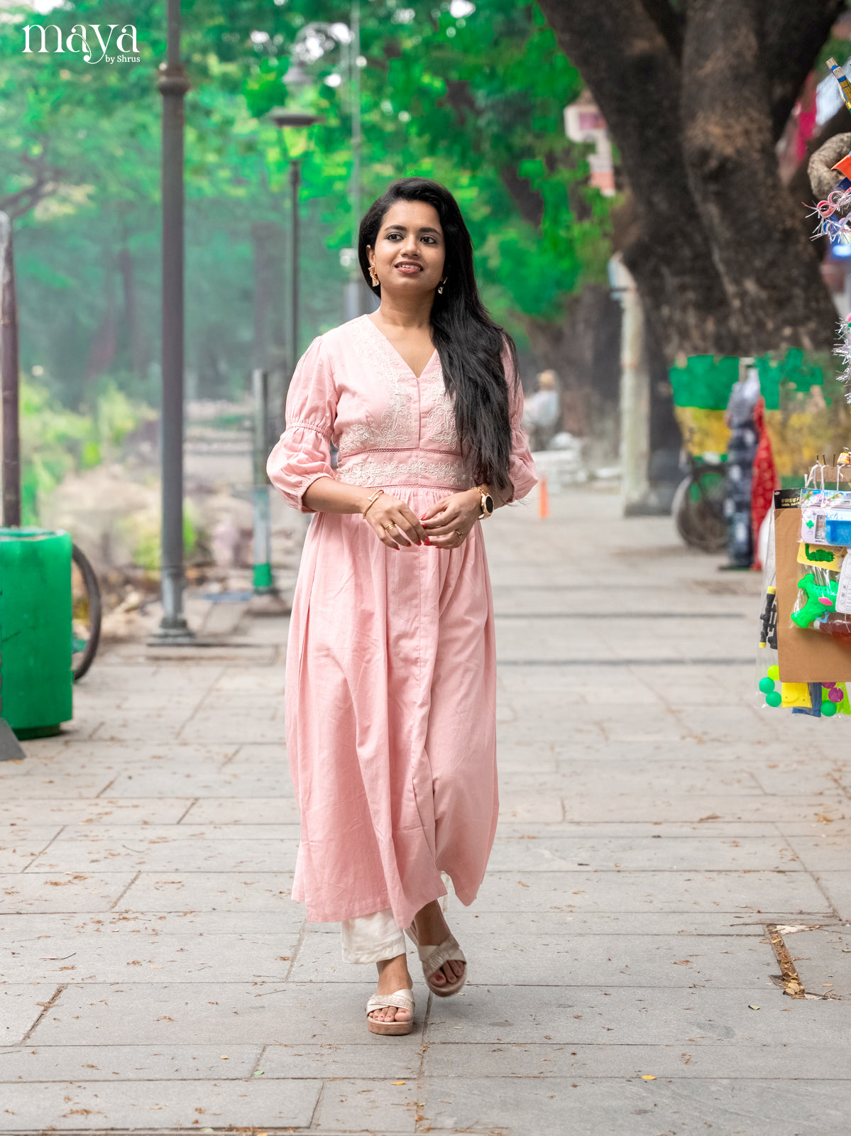Embroidered Baby Pink Cotton Anarkali Kurti - Shop on Shrus.com