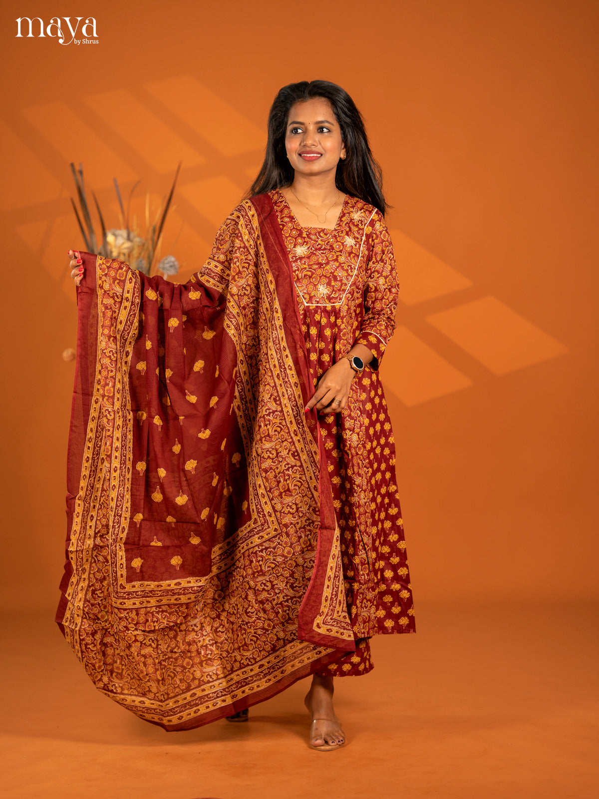 Maroon Cotton 3pc Salwar Suit with Floral Print - Top, Botton & Dupatta - Shop on Shrus.com