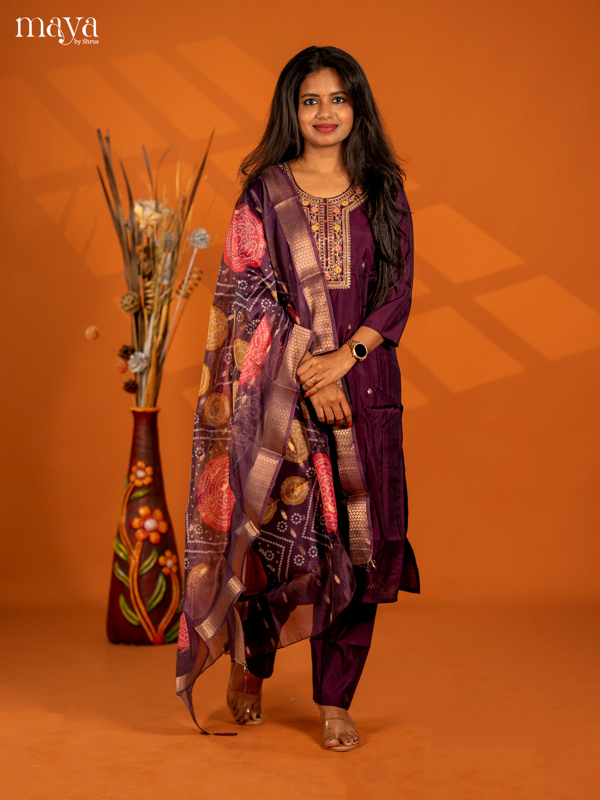 Embroidered Rayon 3pc Dark Purple Salwar Suit - Top, Bottom & Dupatta - Shop on Shrus.com